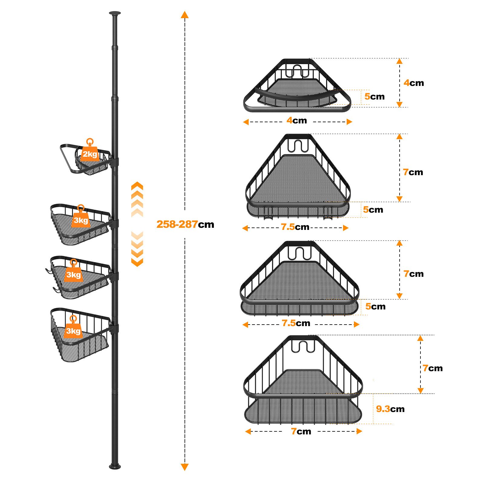 YOLEO Duschregal Teleskop Duschregal ohne Bohren Teleskopregal mit 4 Duschkorb