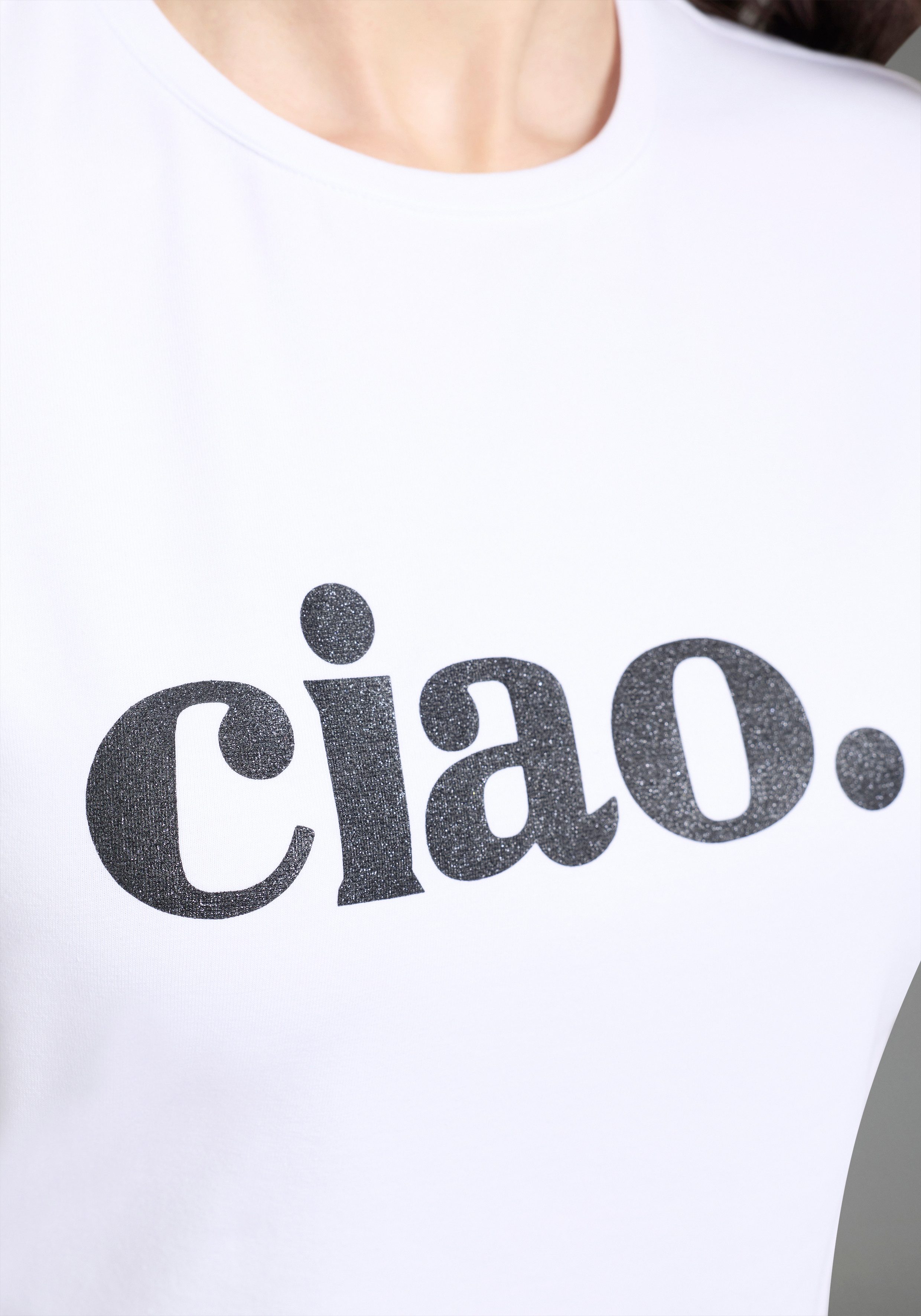 Laura Scott T-Shirt ciao mit glitzerndem Statement-Print, figurumspielende Passform