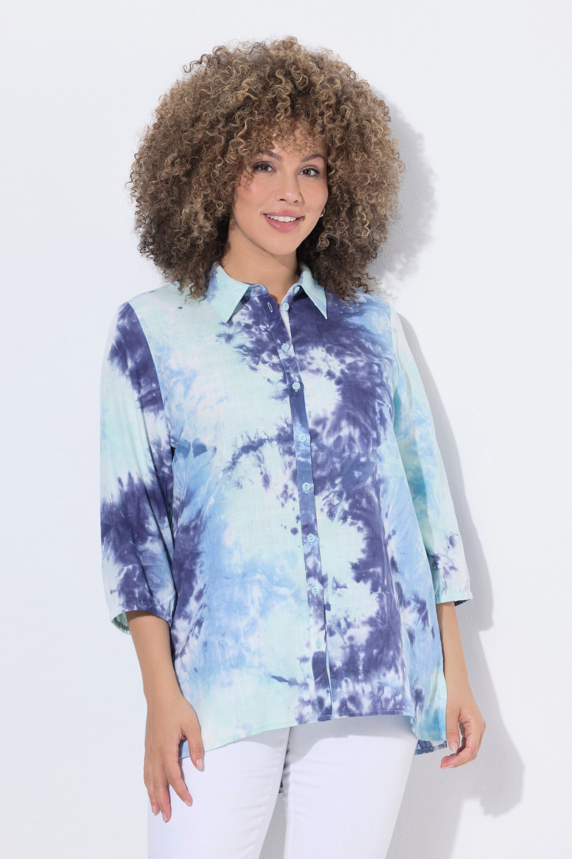 Ulla Popken Longbluse Bluse Leinenmix Hemdkragen 3/4-Arm