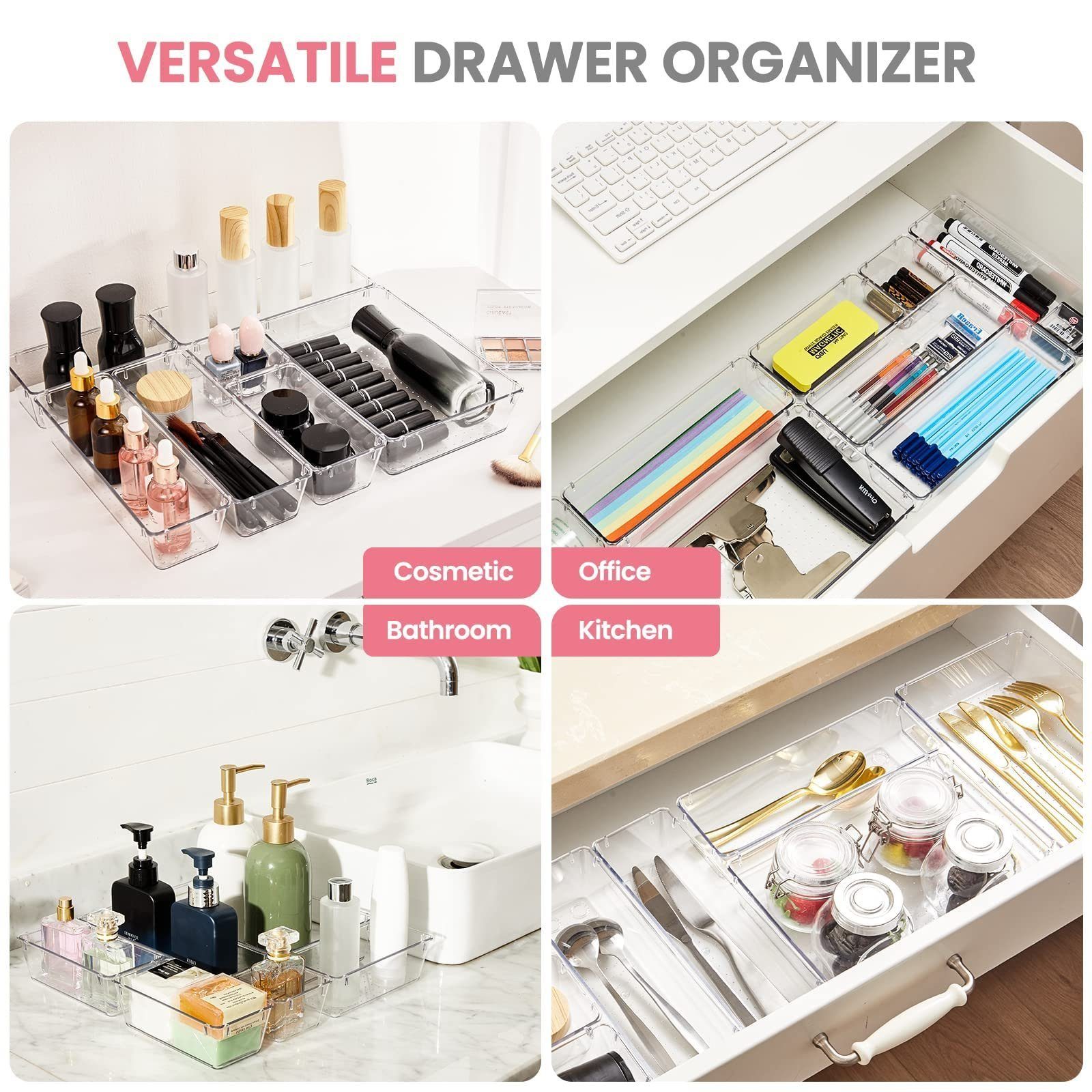 House Day Organizer Schubladen Organizer Set, 4 Größen, für Bad, Küche & Kosmetik (17 St), Schminktisch Organizer, Klar Kunststoff