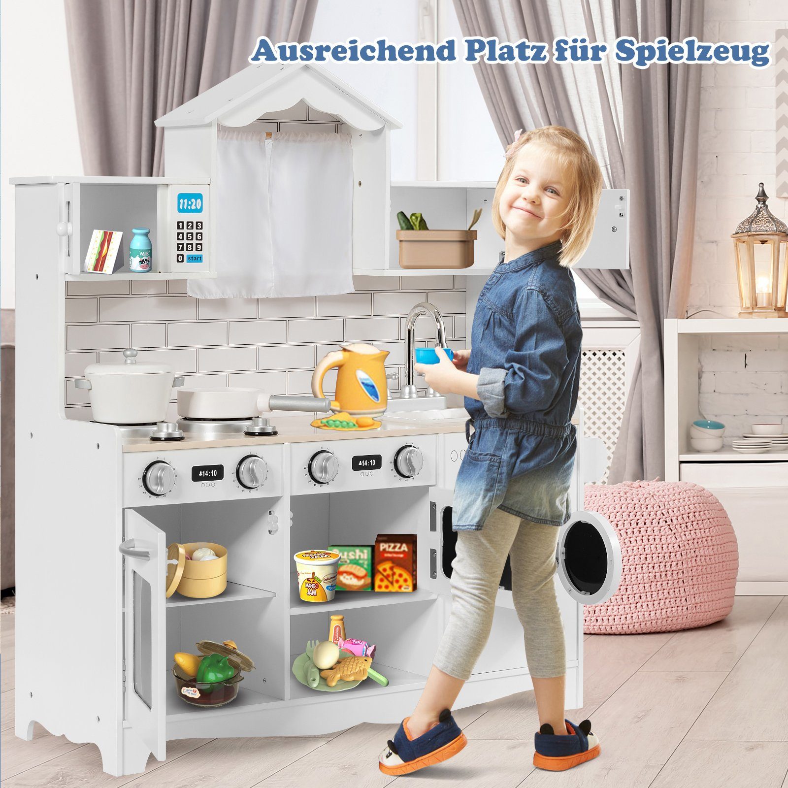 COSTWAY Kinderküche 65-teilig - Mit Licht, Musik & Wasserpumpe Ab 3 Jahre