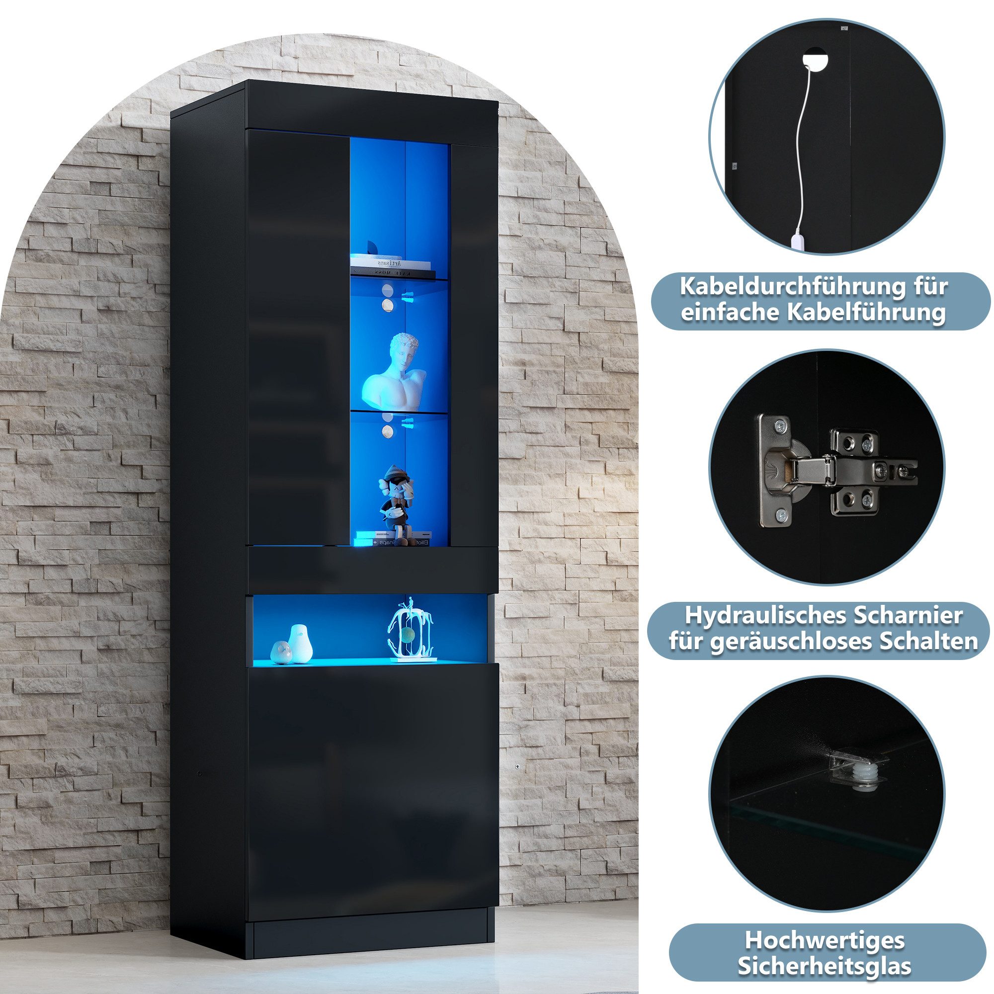 REDOM Vitrine Vitrine 50x180x40 cm, schwarz, LED & Hochglanzfront. (Vitrine,Standregal,Wohnzimmerschrank, 1-St., Vitrine mit LED Beleuchtung) mit LED-Lichtstreifen