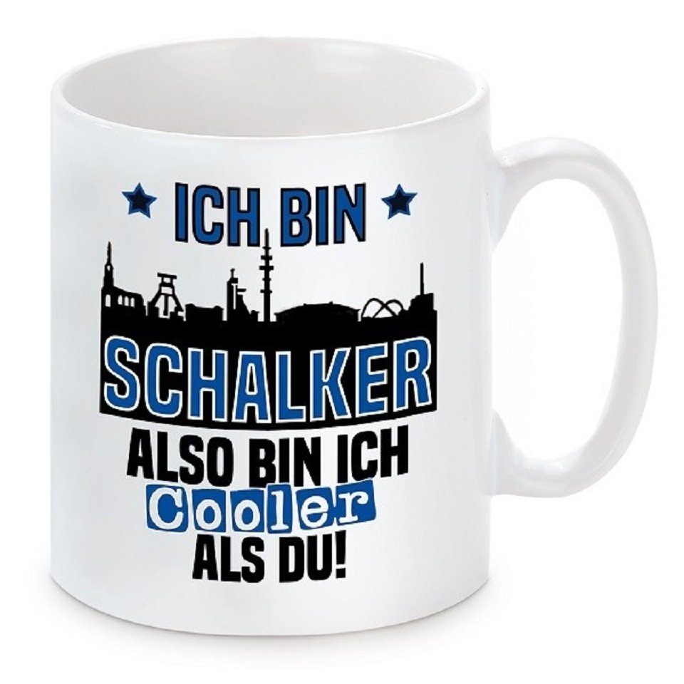 Herzbotschaft Tasse Kaffeebecher mit Motiv Ich bin Schalker also bin ich cooler als du, Keramik, Kaffeetasse spülmaschinenfest und mikrowellengeeignet