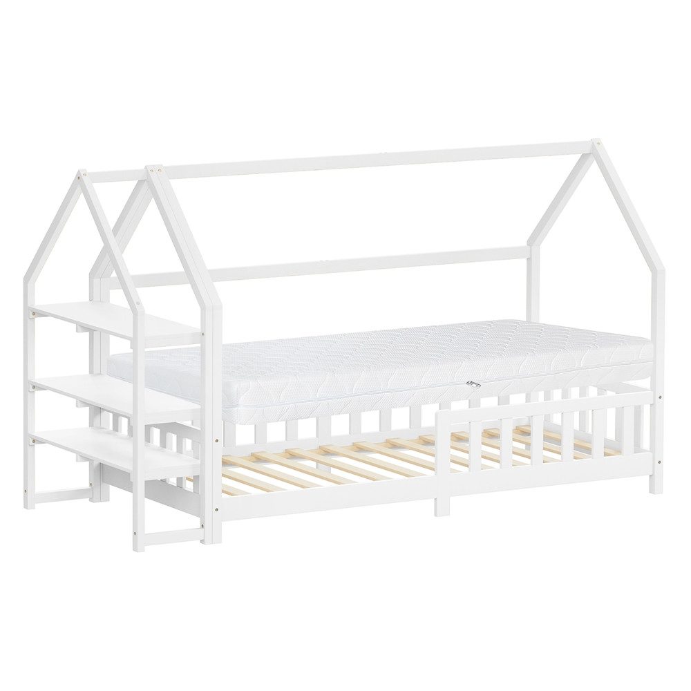 ML-DESIGN Spielbett Hausbett Kinderbett inkl. Lattenrost und Regal Bodenbett für Kinder, Abenteuerbett mit Matratze H-16 cm 90x200cm Holzbett Weiß Bettgestell