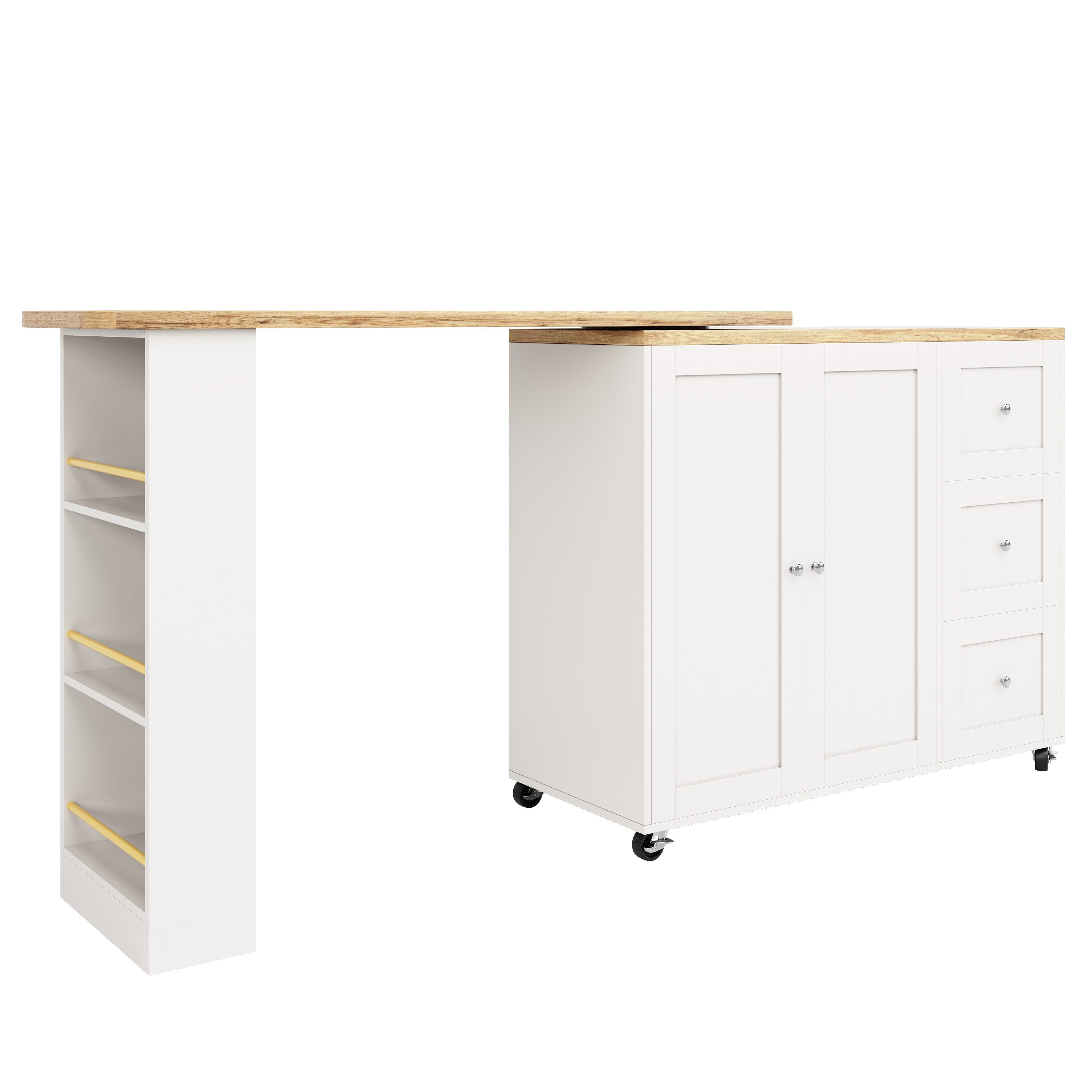 IDEASY Bartisch 360° drehbarer Stehtisch (138-209 x 39 x 104 cm) auf Rollen (Aufbewahrungsinsel mit drei Schubladen. Kommt mit Snackhalter), Moderner ausziehbarer Essbar für Küchen, Esszimmer oder Wohnzimmer