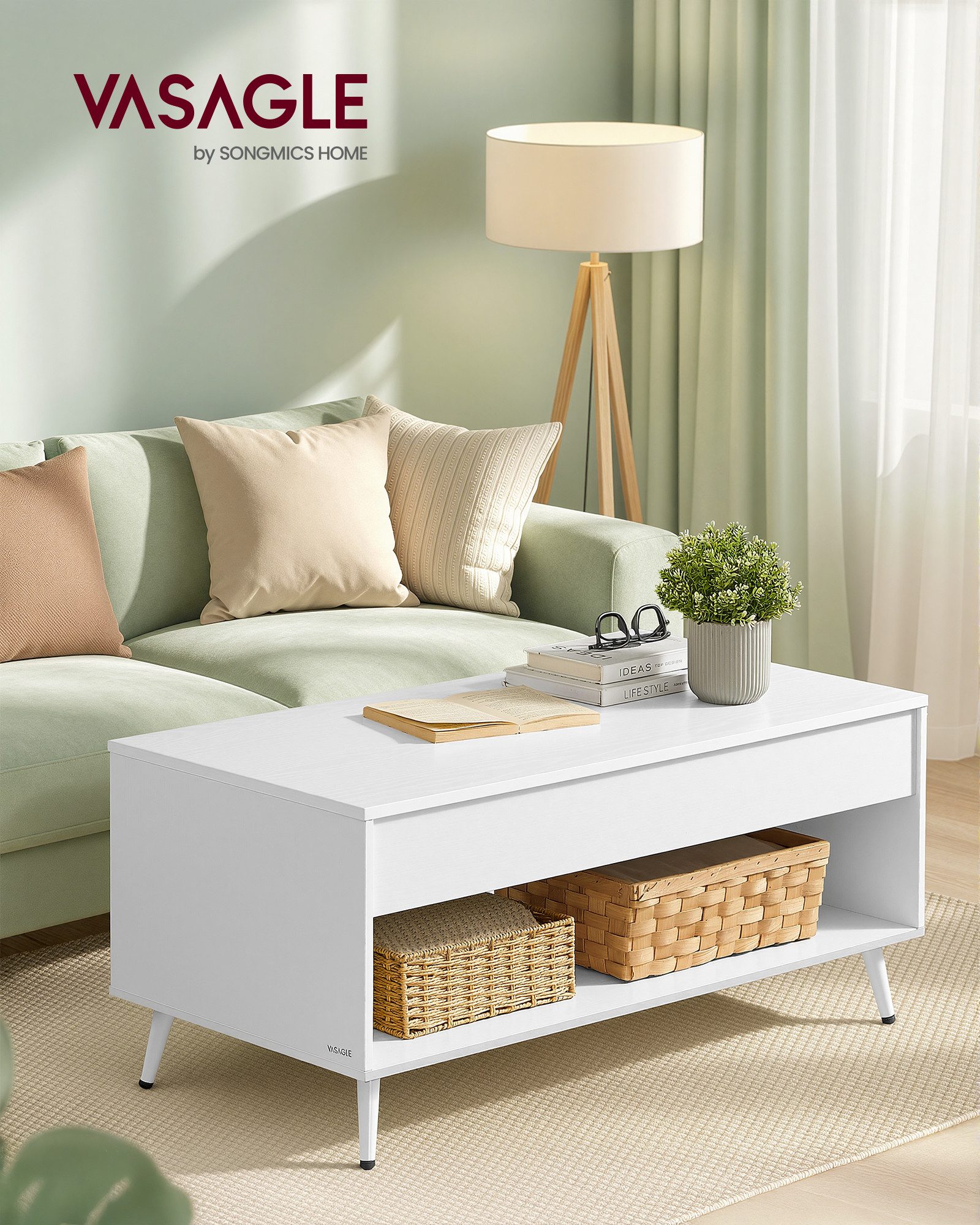 VASAGLE Couchtisch höhenverstellbar, verstecktes Fach, offenes Fach, 50 x 100 x 45/58,5cm (inkl. Zubehörpaket & Anleitung, aufklappbar), Schreibtisch, Basis-Höhenverstellung, Wohnzimmertisch, Kaffeetisch