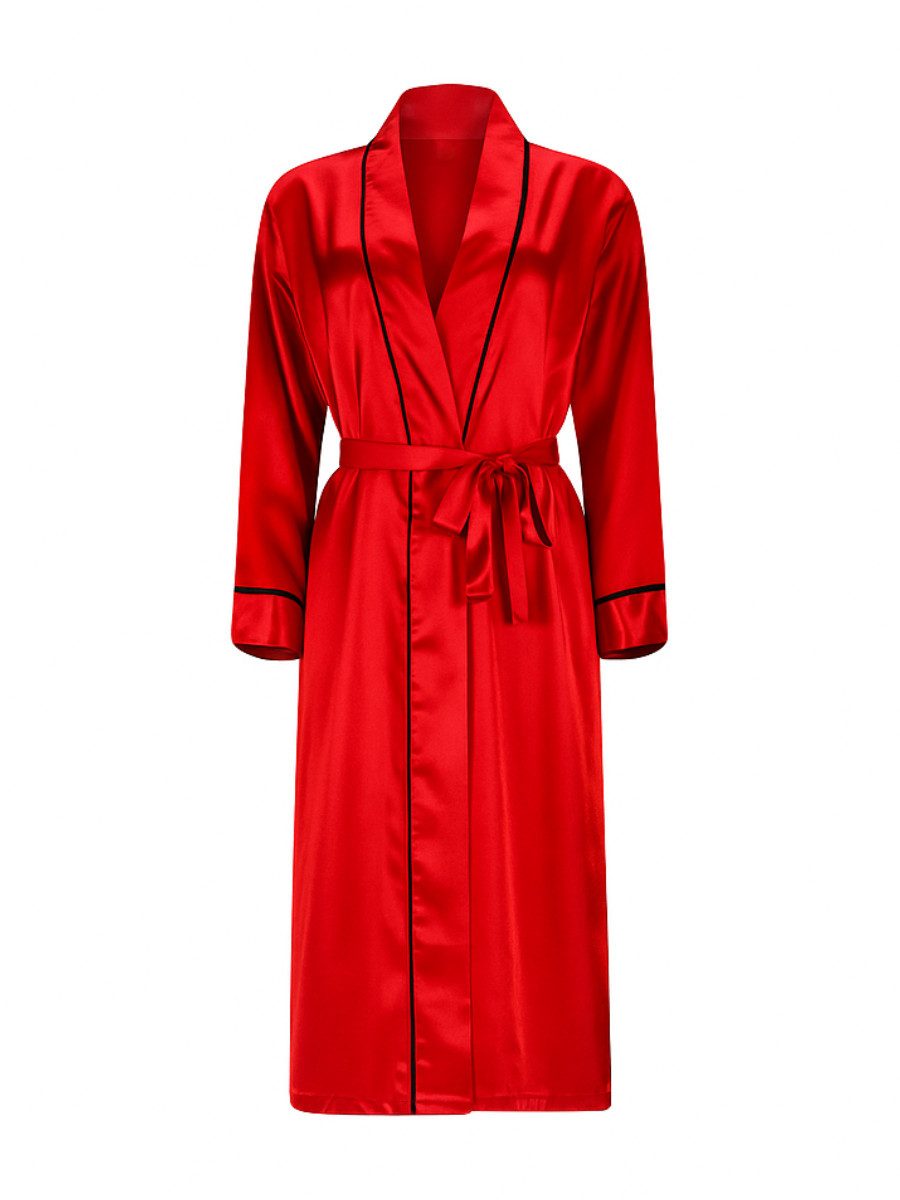 Elegant Love Morgenmantel Eleganter Satin Langarm-Pyjama mit V-Ausschnitt und Gürtel, Nachtgewand, Schlafbekleidung, Gürtel, sexy Nachtwäsche, Dessous für Damen