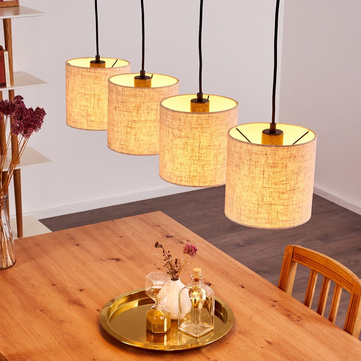 hofstein Pendelleuchte »Meolo« Hängelampe aus Holz/Textil in Natur/Schwarz, ohne Leuchtmittel, 4xE27, Höhe max. 151cm, mit Stoff-Schirmen