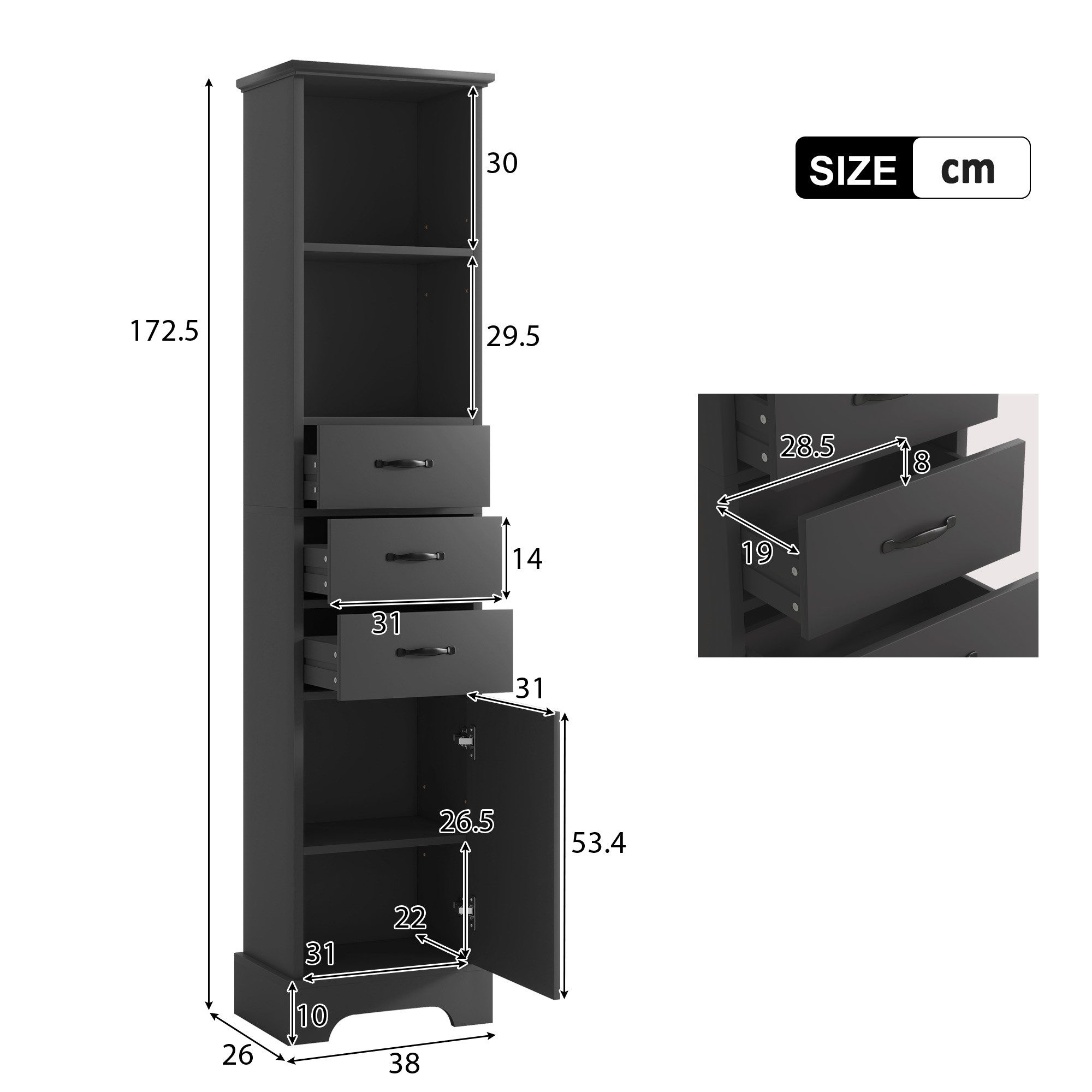 Flieks Badkommode Badezimmerschrank Hochschrank mit Feuchtigkeitsbeständigkeit (1 St., 38x26x172,5 cm), Mehrzweckschrank mit Schubladen und verstellbaren Einleg – Bild 5 von 5
