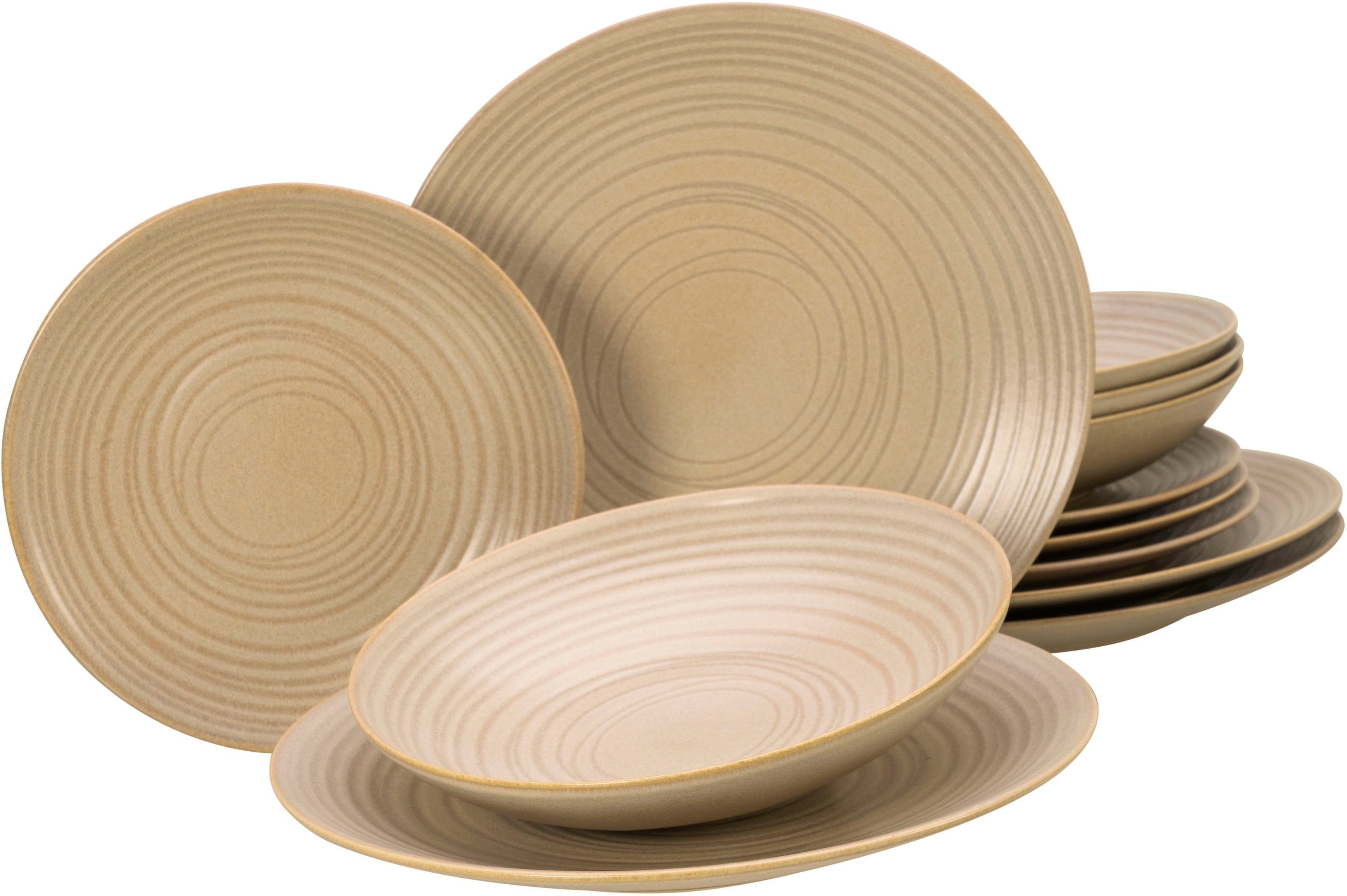 CreaTable Tafelservice Lava Stone Sand (12-tlg), 4 Personen, Steinzeug, Teller Set, robuste, kratzfeste, seidenmatte Glasur