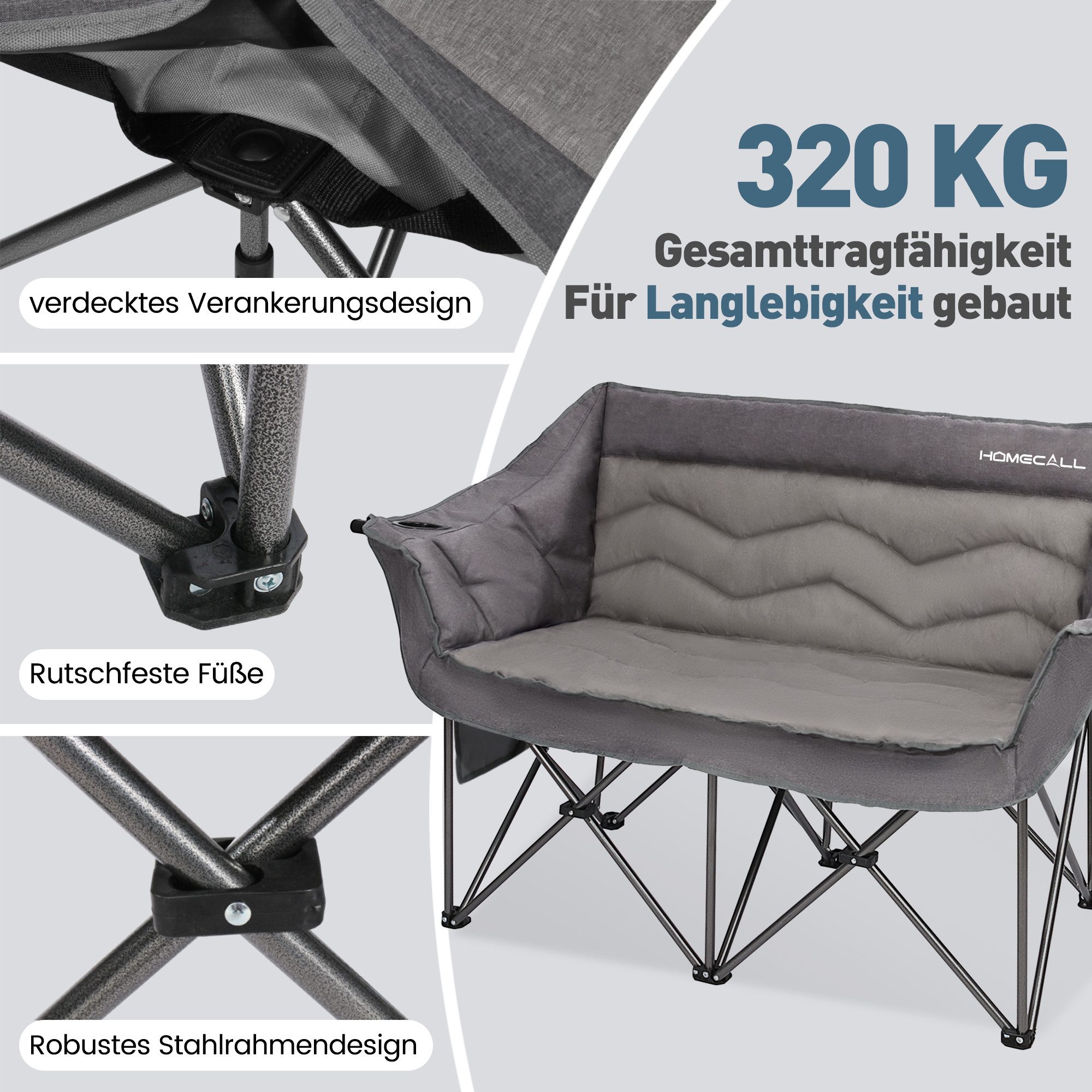 HOMECALL Campingstuhl Camping Sofa faltbar XXL für 2 Personen Luxus Camping Couch Doppelter (mit 107 cm Sitzbreite, hoher Rückenlehne und 2 Getränkehaltern), Ca – Bild 3 von 5