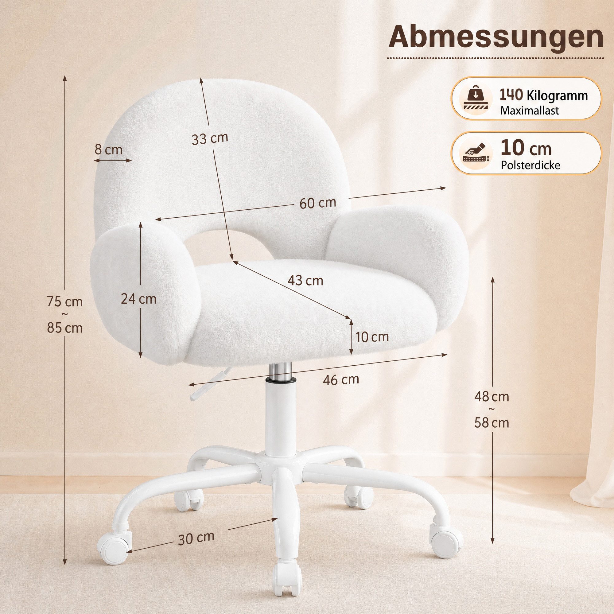 Klyvvo Drehstuhl Bürostuhl, Schreibtischstuhl mit weichem Kunstkaninchenfell (ideal für Homeoffice, Schlafzimmer, 1 St), Höhenverstellbarer Schminktisch Stuhl m – Bild 2 von 5