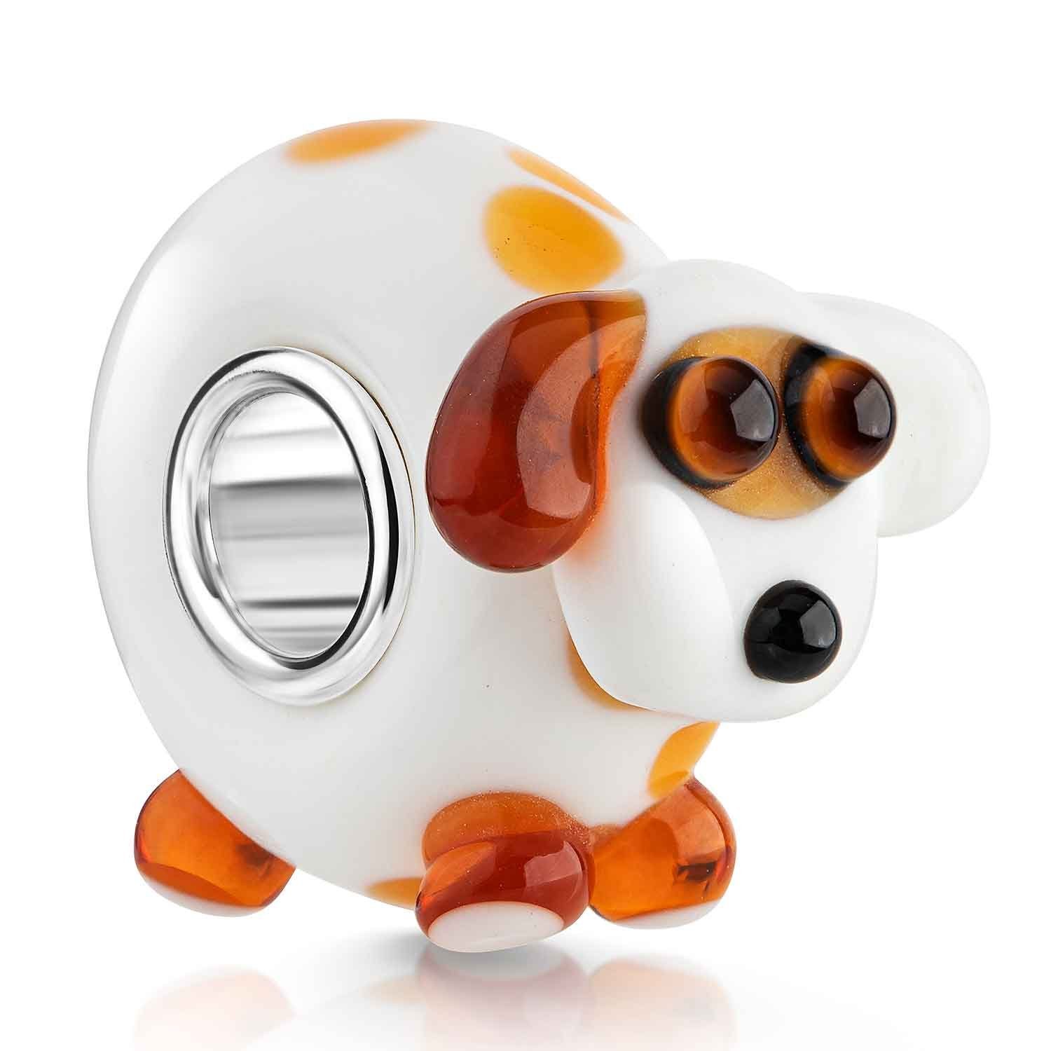 Materia Bead Hund Welpe Glasperle 3D Design Weiß Braun 1019, Kern aus 925 Sterling Silber