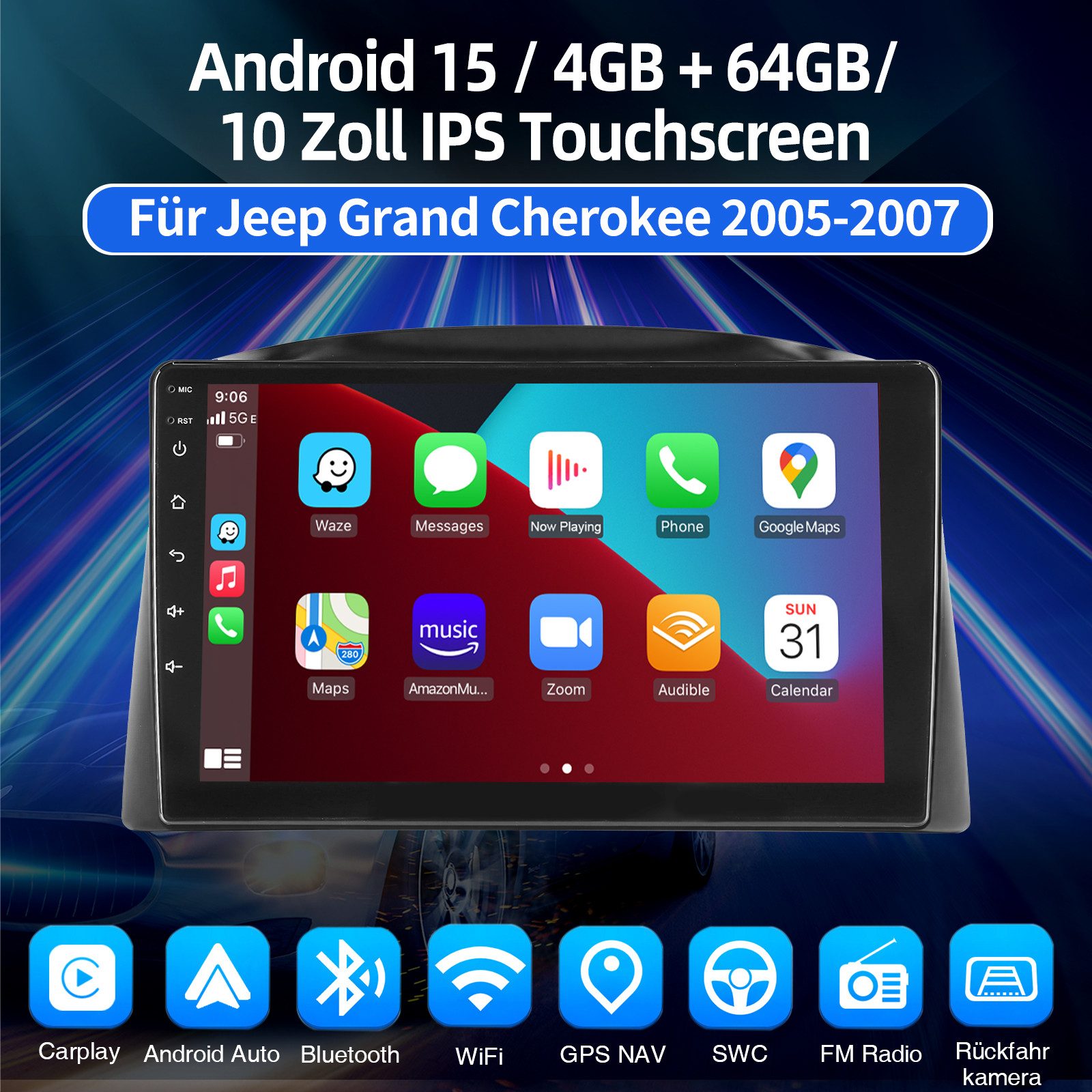 ESSGOO DAB+ Für Jeep Grand Cherokee 2005-2007 Android 15 GPS Navi WIFI BT Autoradio (DAB (optional), DAB+ (optional), 4+64GB(optional), RDS, AM, FM, Carplay Android Auto Bluetooth EQ USB GPS Navi WIFI Touchscreen)