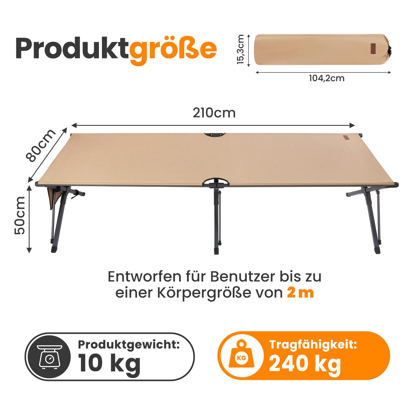 HOMECALL Klappbett Feldbett Camping klappbar 210×80 cm bis 240 kg (Campingbett extra breit mit 600D Oxford-Gewebe, verstärkte X-Beine, faltbares Klappbett mit S – Bild 2 von 5