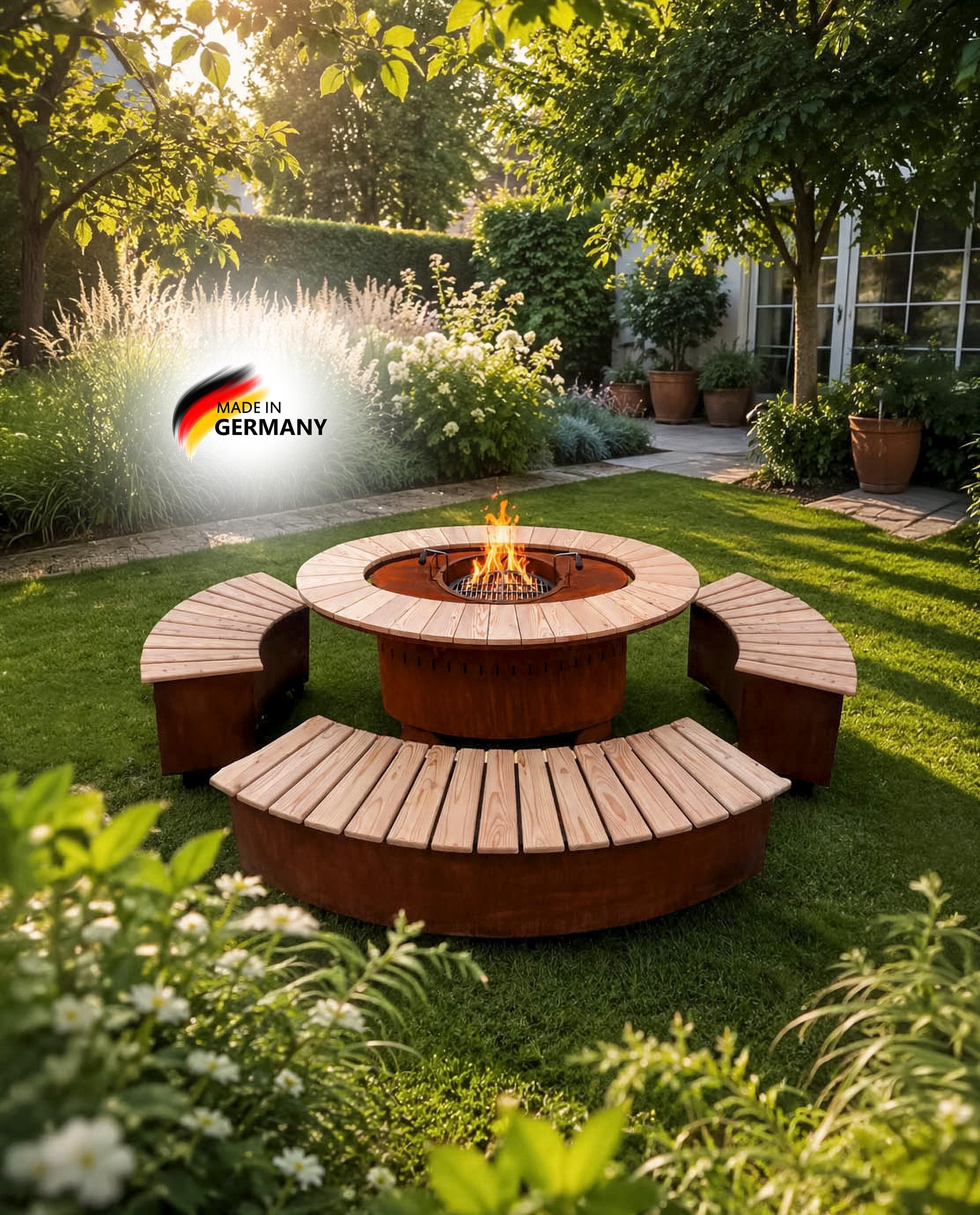 BADEKO Feuerstelle inkl. Grill aus Edelrost und Sitzbänken aus Lärchenholz, (5-St), Sitzflächen aus unbehandeltem Lärchenholz, Gerostetes Stahlblech