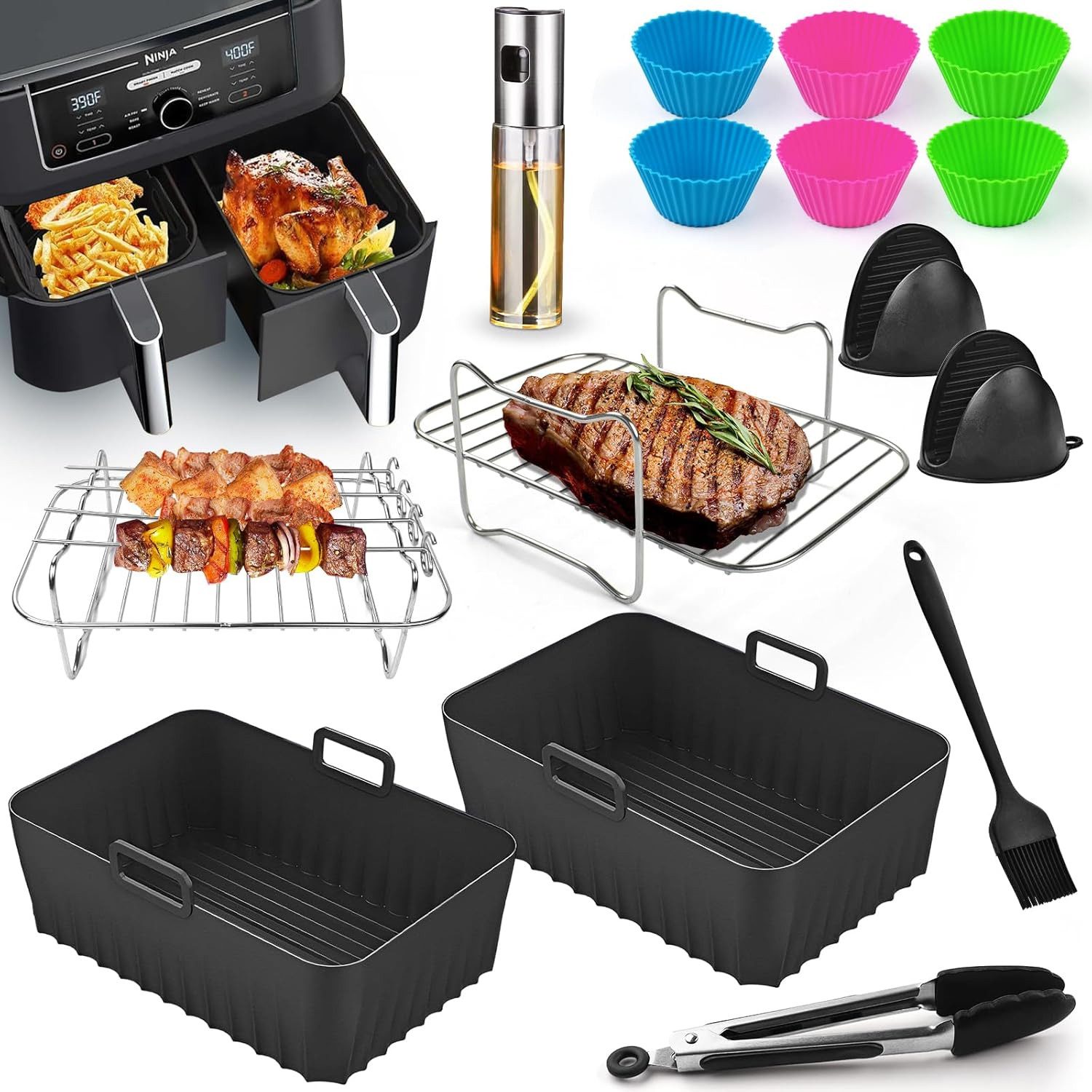 TUWENA Silikonform Heißluftfritteuse Airfryer Zubehör Dual Zone Air Fryer, (14-tlg), für Ninja Foodi Max Dual Zone AF400EU AF300EU 7.6L-9.5L