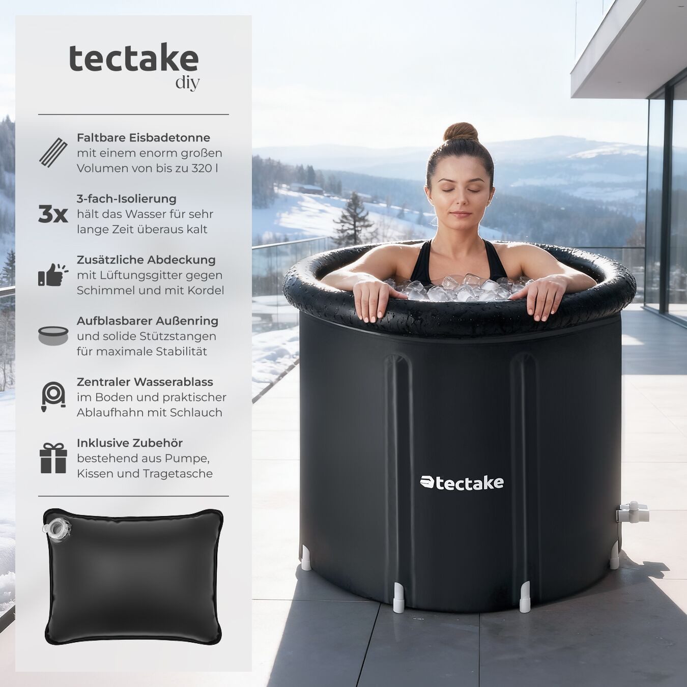 tectake Badebottich Eisbadewanne, Pumpe und Wasserkissen, faltbar, mit 3-facher, 320 l, für 1 Personen, Kältebecken Helsinki, 1 St., in schwarz, Aufblasbarer Außenring & Schutzabdeckung, wetterfest & strapazierfähig