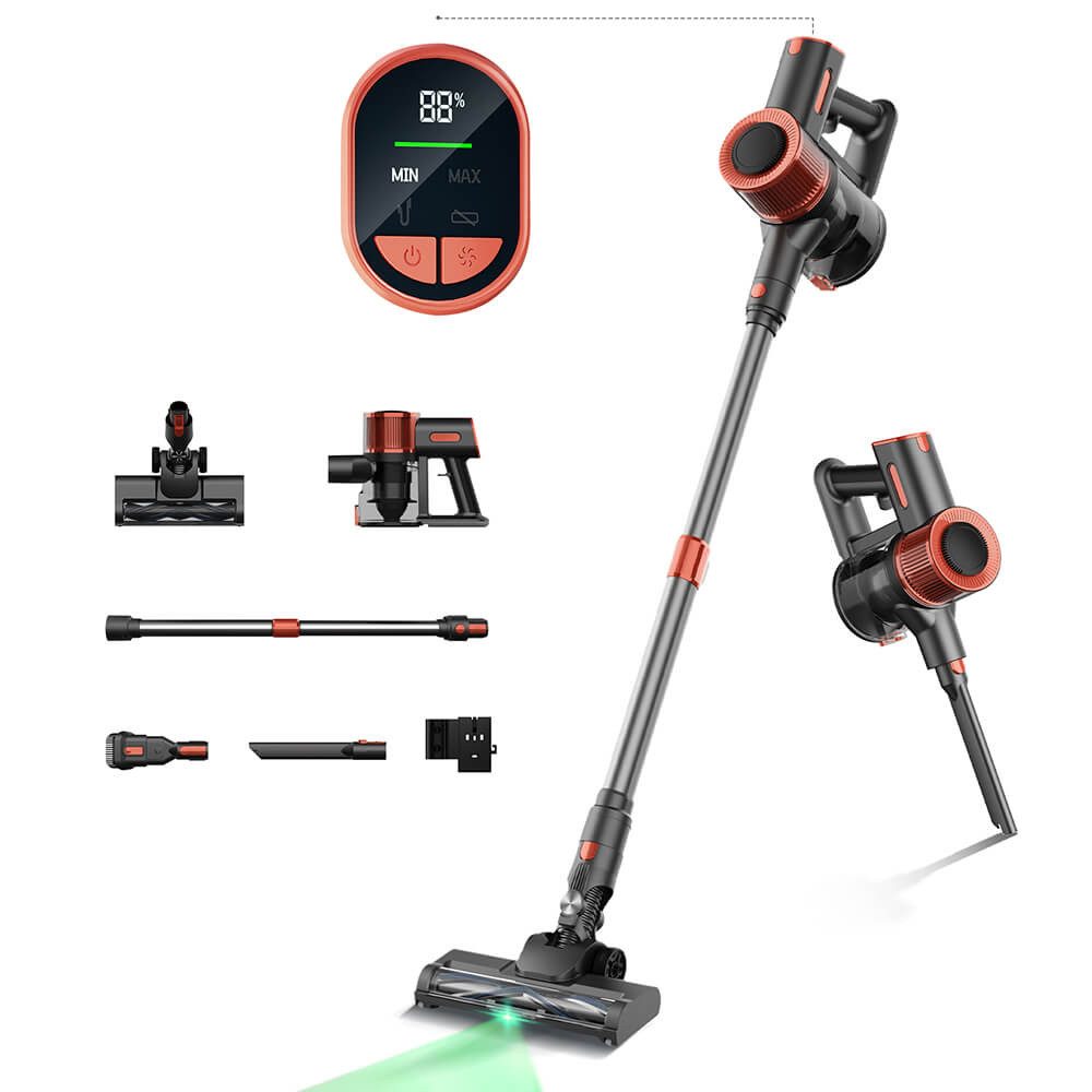 Jigoo Akku-Bodenstaubsauger C200 Kabelloser Staubsauger, 23KPa Saugkraft, 40min Laufzeit, 350 W, 2 Arbeitsmodi, Teleskop-Metallrohr und LED-Scheinwerfer