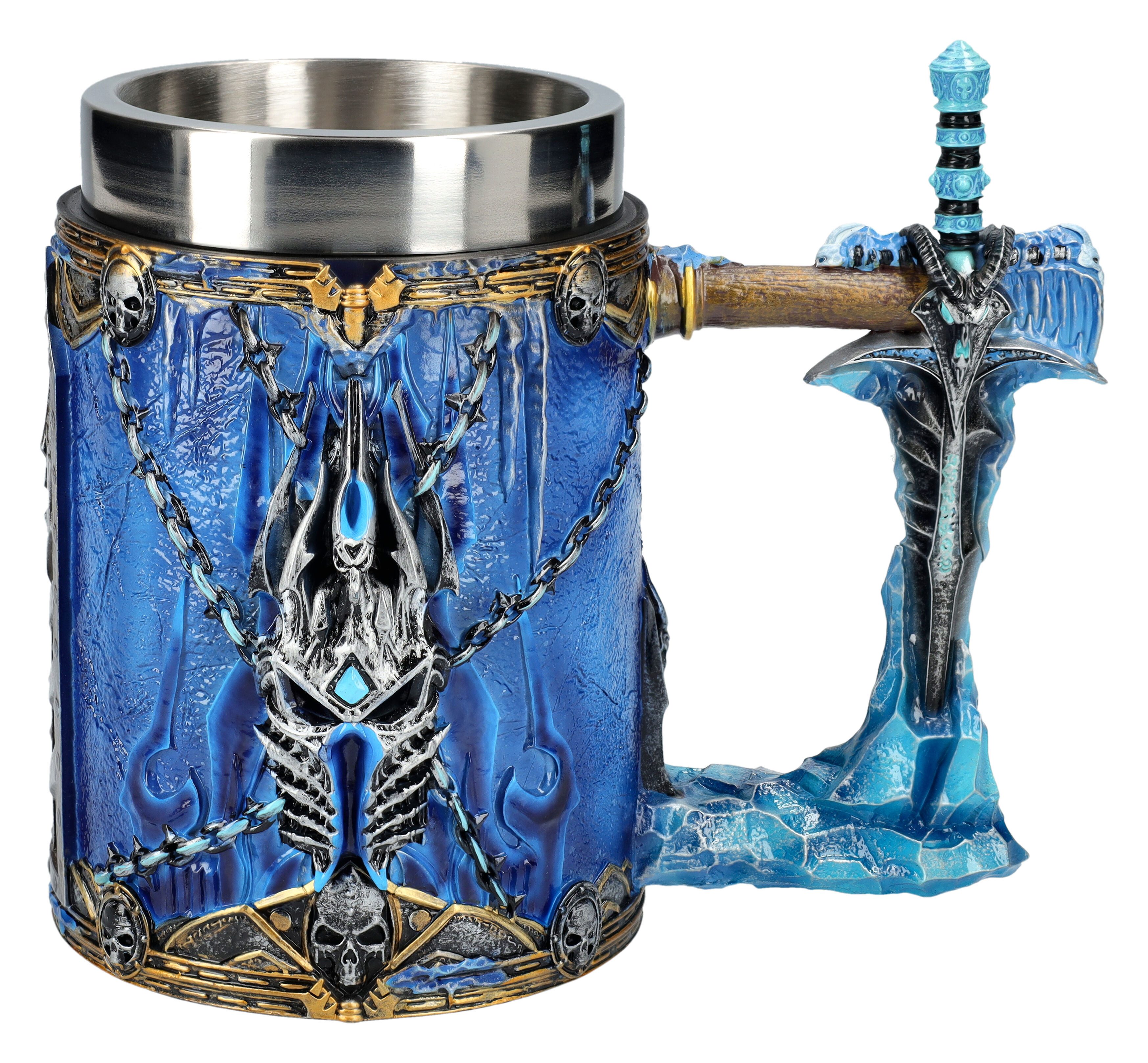 Figuren Shop GmbH Bierkrug Warcraft Krug – Lichkönig Tasse mit Frostmourne Henkel 600 ml Deko, Kunststein (Polyresin), Edelstahl
