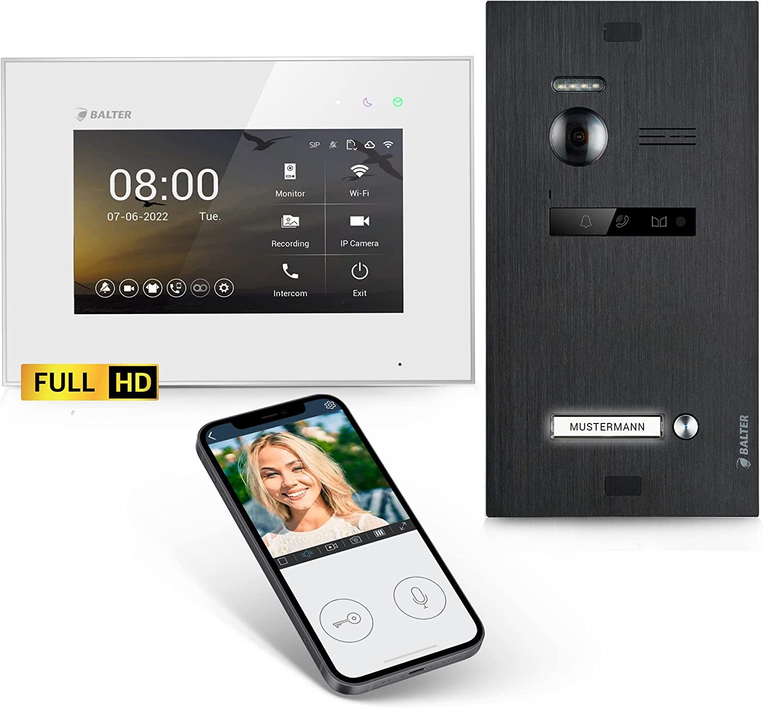Balter Video-Türsprechanlage EVO HD mit App für 1 Familienhaus, 1x Monitor Full HD 2-Draht Schwarz (Komplettset, 1-tlg., Full HD Kamera, WLAN, App Funktion, Interkom, Videokommunikation)