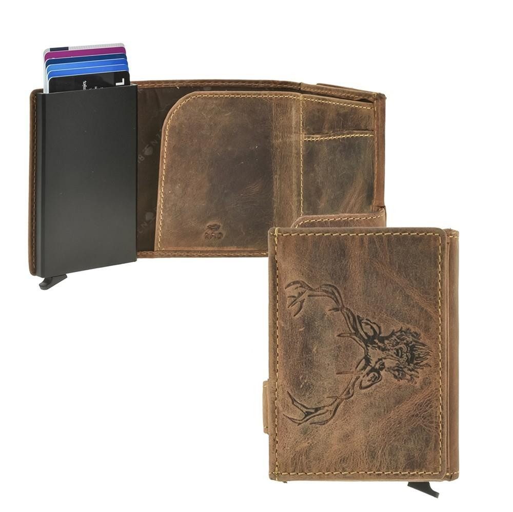 Greenburry Geldbörse "Vintage Hunting" Kartenportemonnaie Leder 8x10cm Herren klein, Lederbörse, RFID-Schutz, Card-Slider, Kartenetui, Portemonnaie, Hirsch