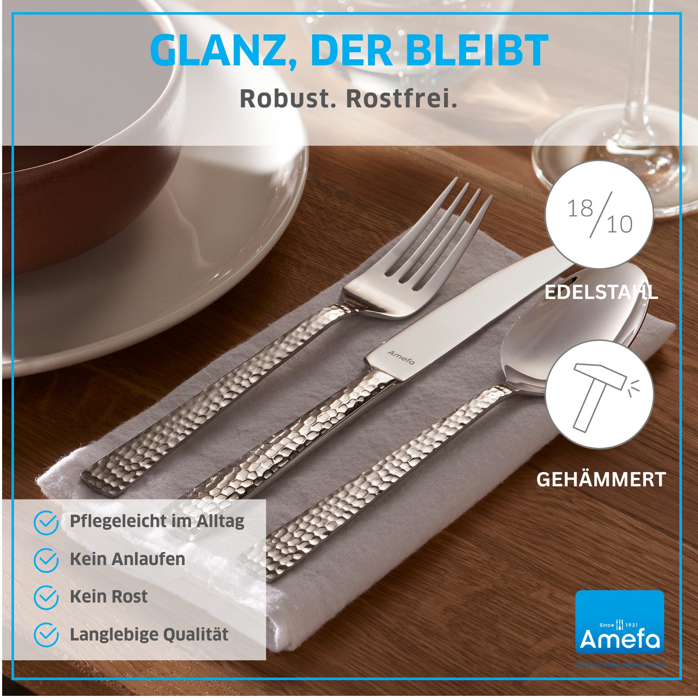 Amefa Besteck-Set FELICITY (30-tlg), 6 Personen, Edelstahl Rostfrei 18/0, Handreinigung empfohlen, schwarzfarbender PVD Veredelung, gehämmert