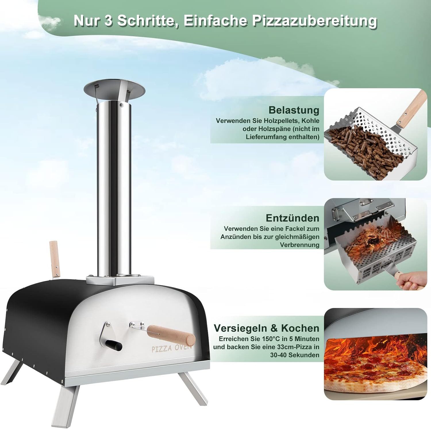 KOMFOTTEU Pizzaofen Holzofen mit 33 cm Pizzastein, für Garten Camping Familien Party