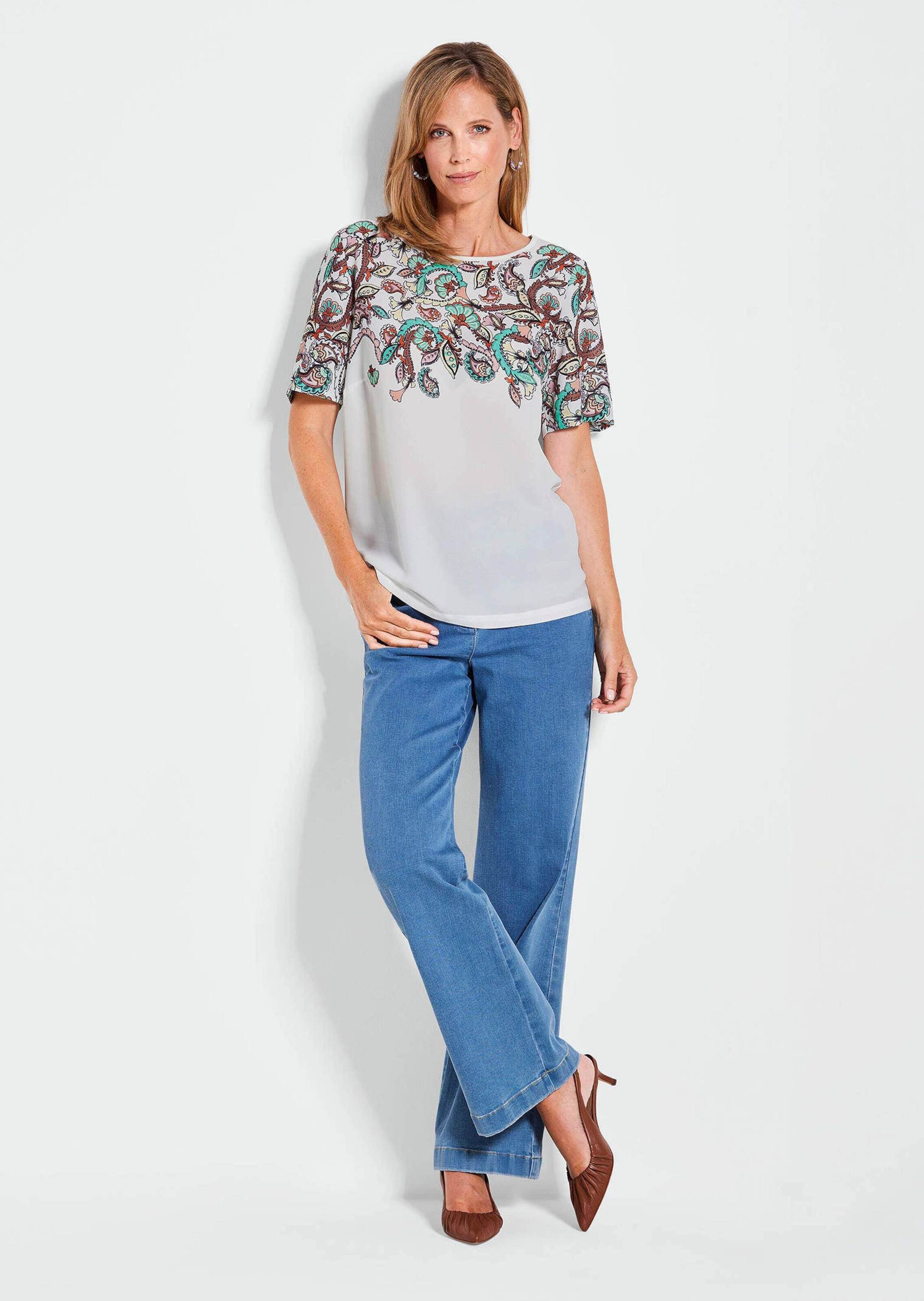 GOLDNER T-Shirt Elegantes Shirt mit Paisley-Design Printshirt mit U-Boot-Ausschnitt, halblange Ärmel, Chiffon-Front