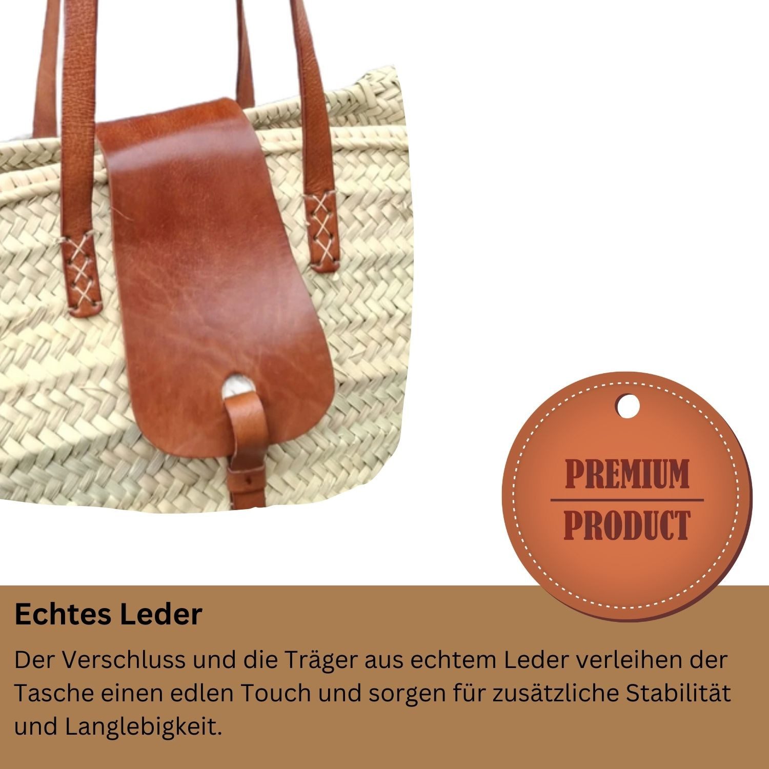 Marrakesch Orient & Mediterran Interior Korbtasche Ibiza Korbtasche Solana modern aus Palmblatt und Leder in Natur 50 cm (1-tlg), Handarbeit
