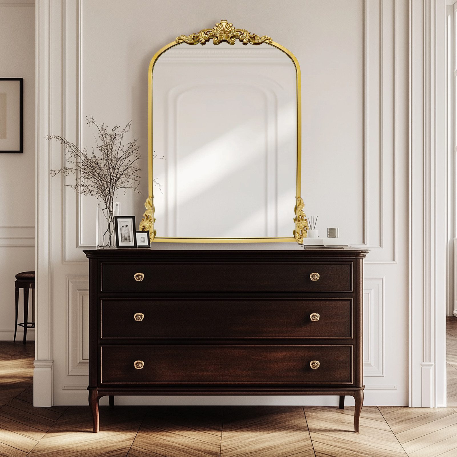 G-LEAF Wandspiegel Bogen-Wandspiegel, antiker Spiegel im Barockstil (1-St), ideal für Kamin, Badezimmer, Eingangsbereich, 90×60cm