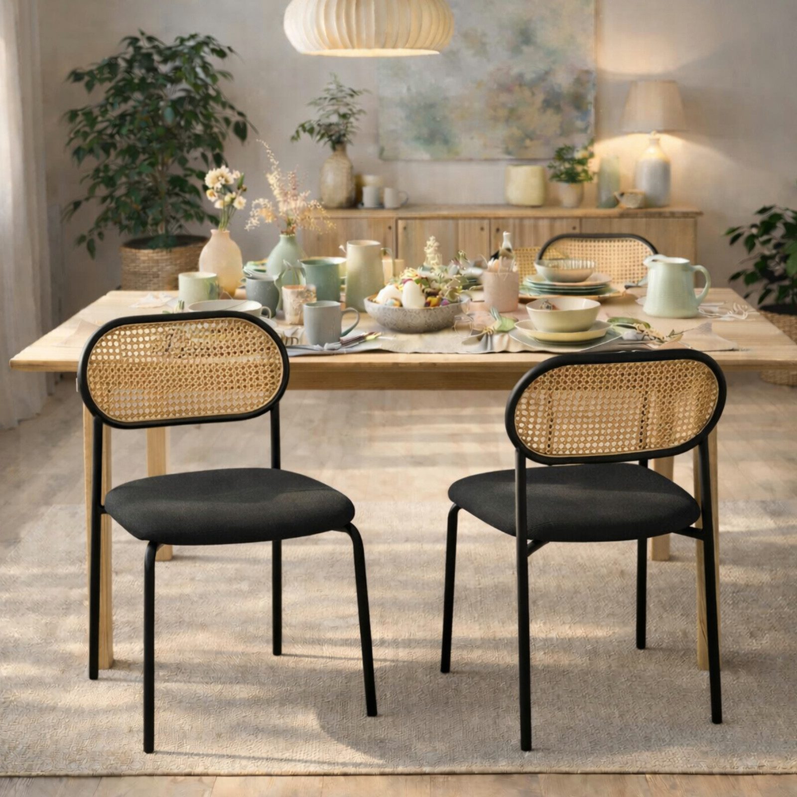 HAGO Esszimmerstuhl 2er Set Küchenstuhl Esszimmerstuhl Polsterstuhl Rückenlehne Rattan