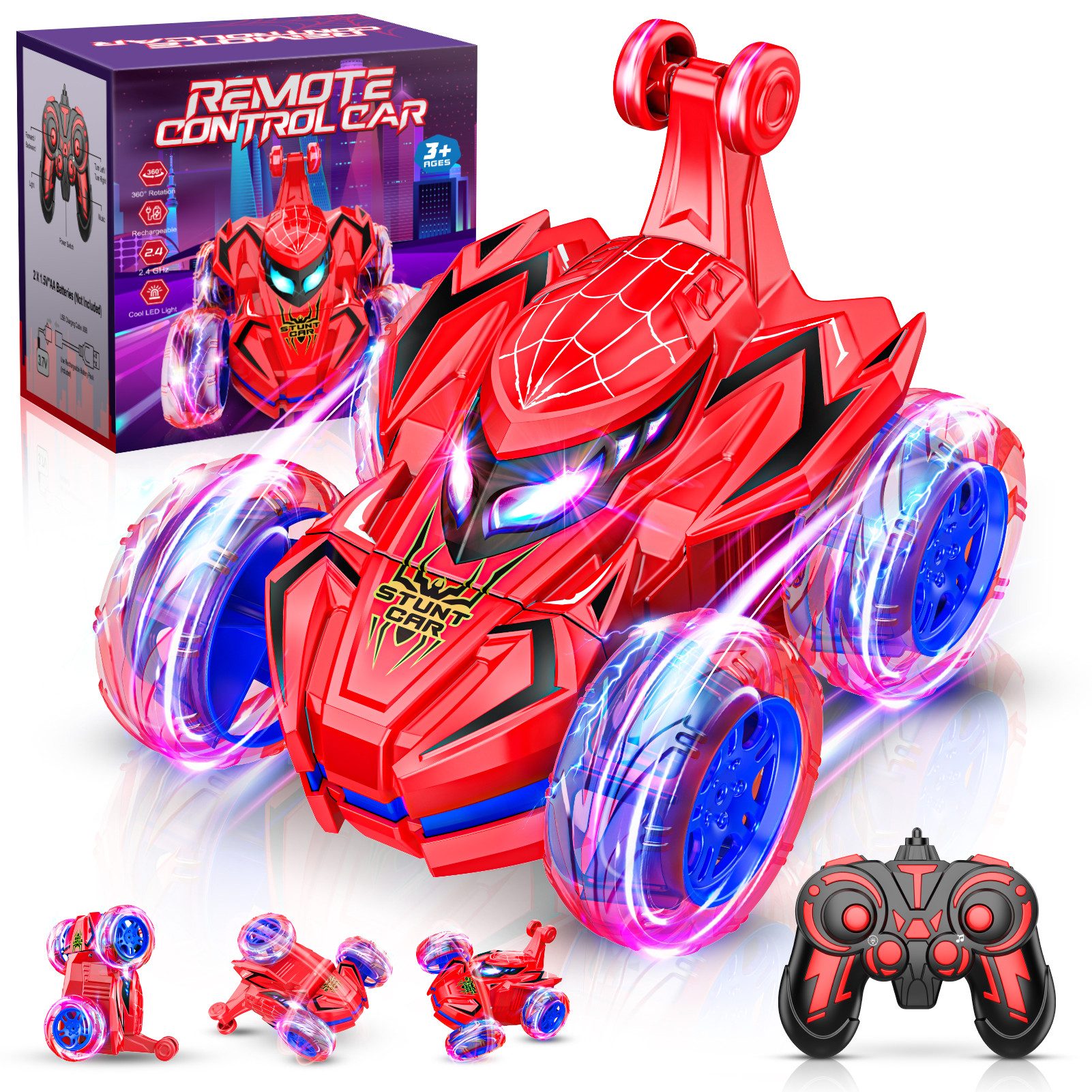 Wootoy RC-Auto Ferngesteuertes Auto Kinder RC Monstertruck Spider Offroad RC Auto (mit 360°-Stunts 90°-Fahrmodus sowie Vorwärts- und Rückwärtsfahrt, 1-tlg., LED-beleuchtete Räder Robuste Konstruktion für Innen- und Außenbereich), USB-Direktaufladung mit Akku für bis zu ca. 40 Minuten Fahrzeit