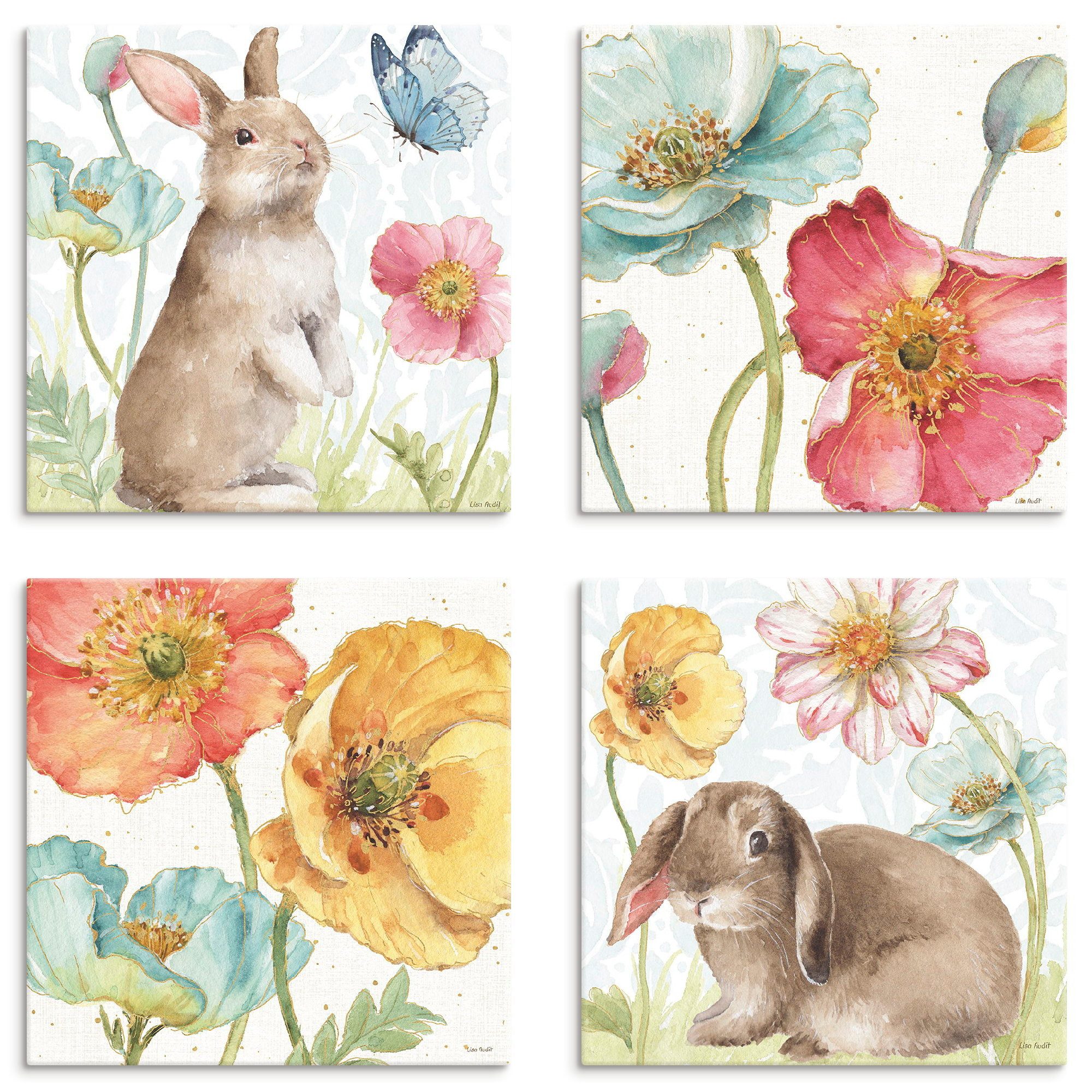 Artland Leinwandbild Spring Softies, Blumen, Blumenbilder, Flower, Hasen, Ostern (Set, 4 St), in verschiedenen Größen erhältlich