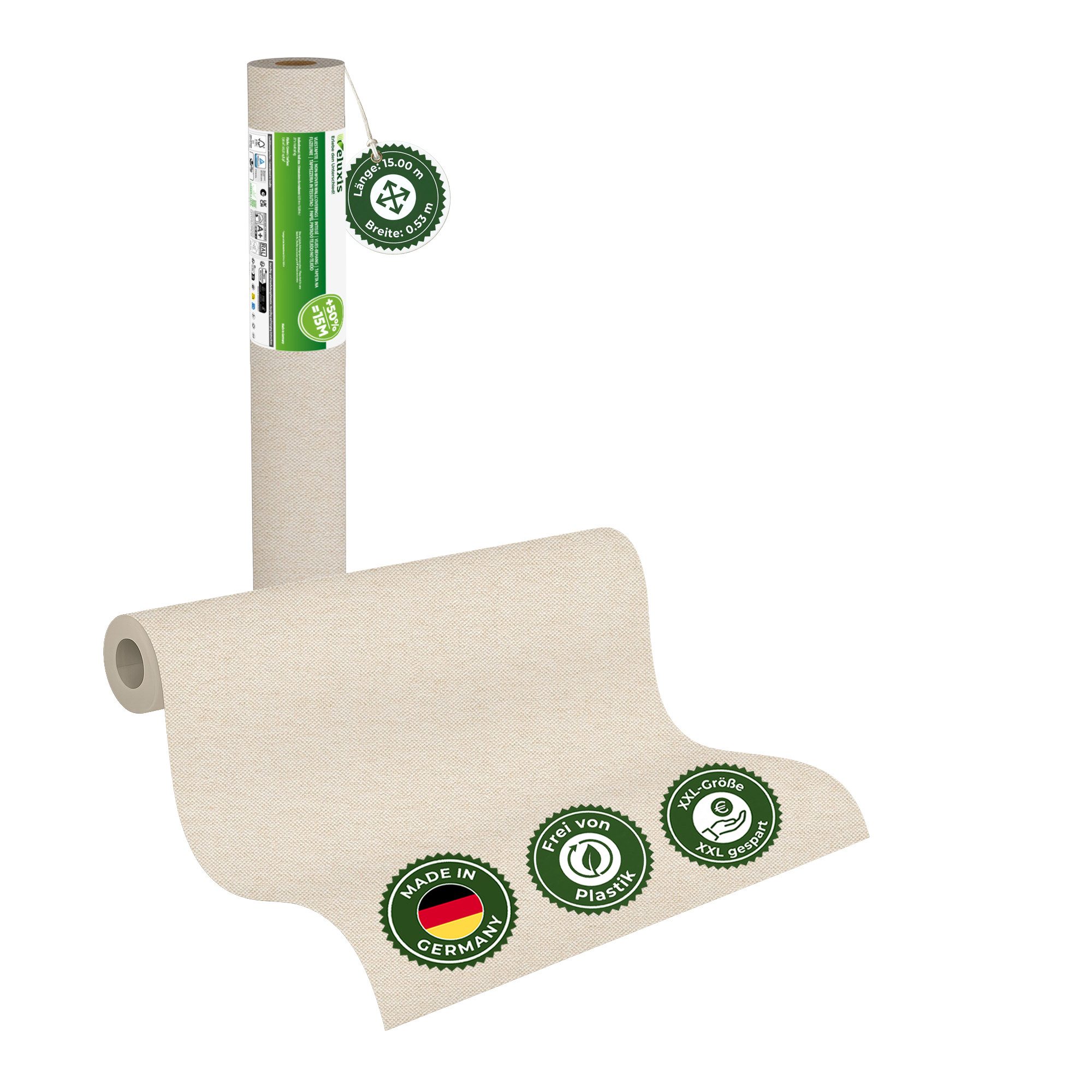 Veluxis Malervlies UNI Glattvlies Vliestapete XXL Rolle, (1-St), 15m x 0,53m – Matt & leicht strukturiert - Made in Germany