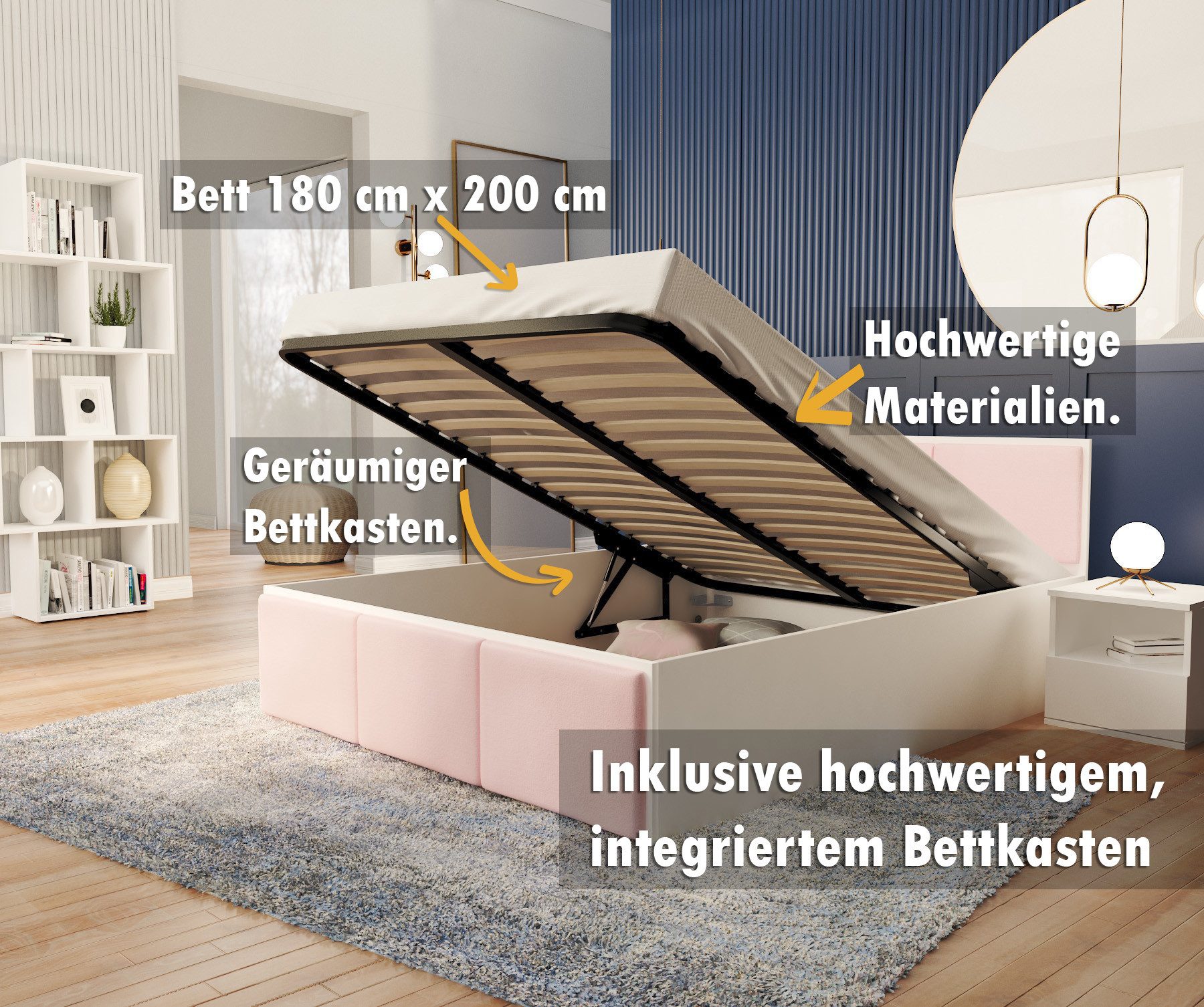 thematys Stauraumbett mit Bettkasten & Lattenrost – Polsterbett 120x200–180x200 – (Optional mit 28 cm H3/H4 Taschenfederkern oder 23 cm Taschenfederkern-Matratze H2, hydraulisches Stauraumbett)