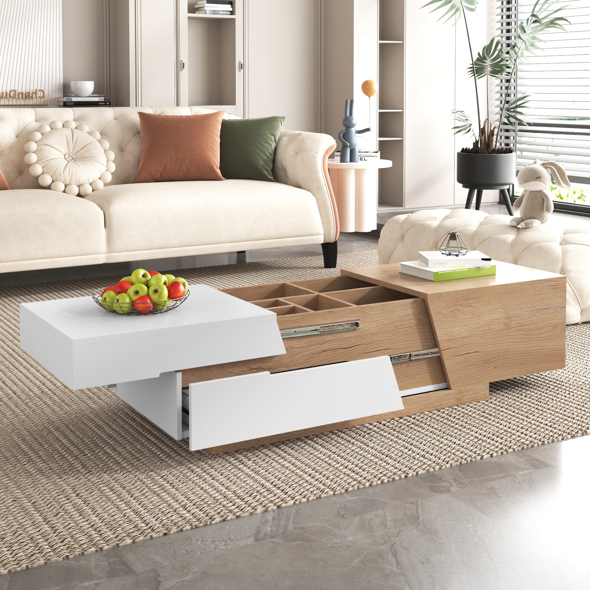 Sweiko Couchtisch Ausziehbarer Couchtisch, (Wohnzimmertisch mit Schubladen, 1-St., Beistelltisch mit Farbblockstruktur und verstecken Stauraum) – Bild 2 von 5