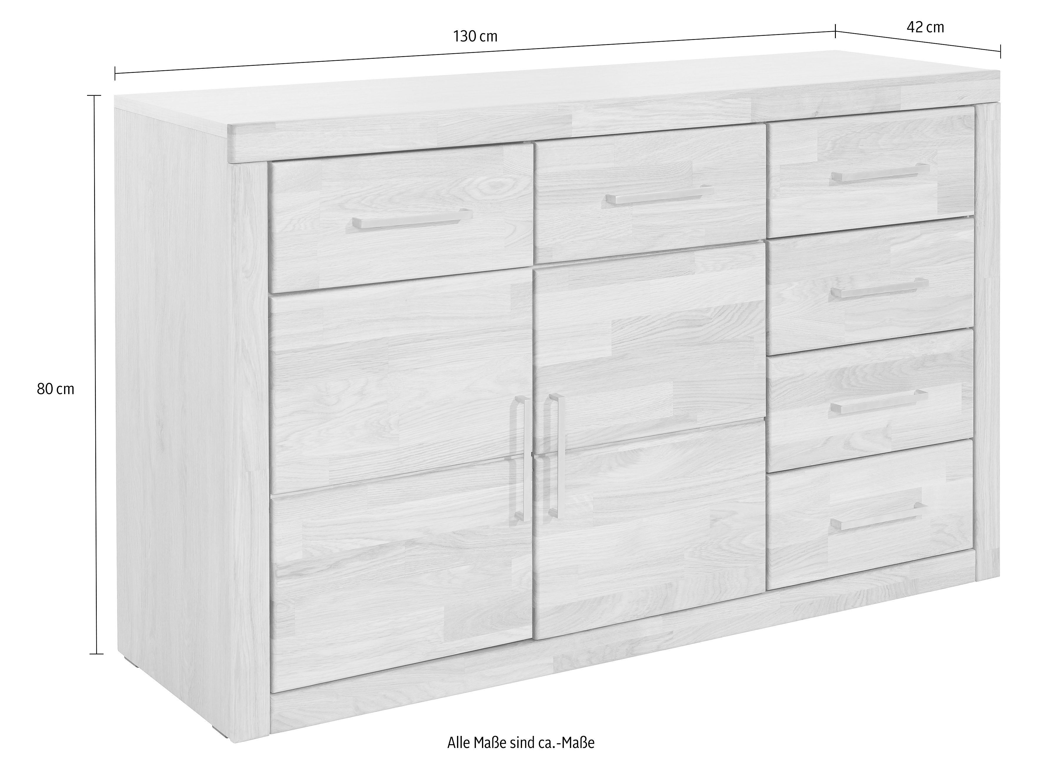 OTTO home Sideboard Trondheim,130cm breit,42 cm tief, Fronten Holzmassiv, Metallgriffe, Korpus aus Holzwerkstoff,2 Türen, 2 breite Fächer,5 Schubladen
