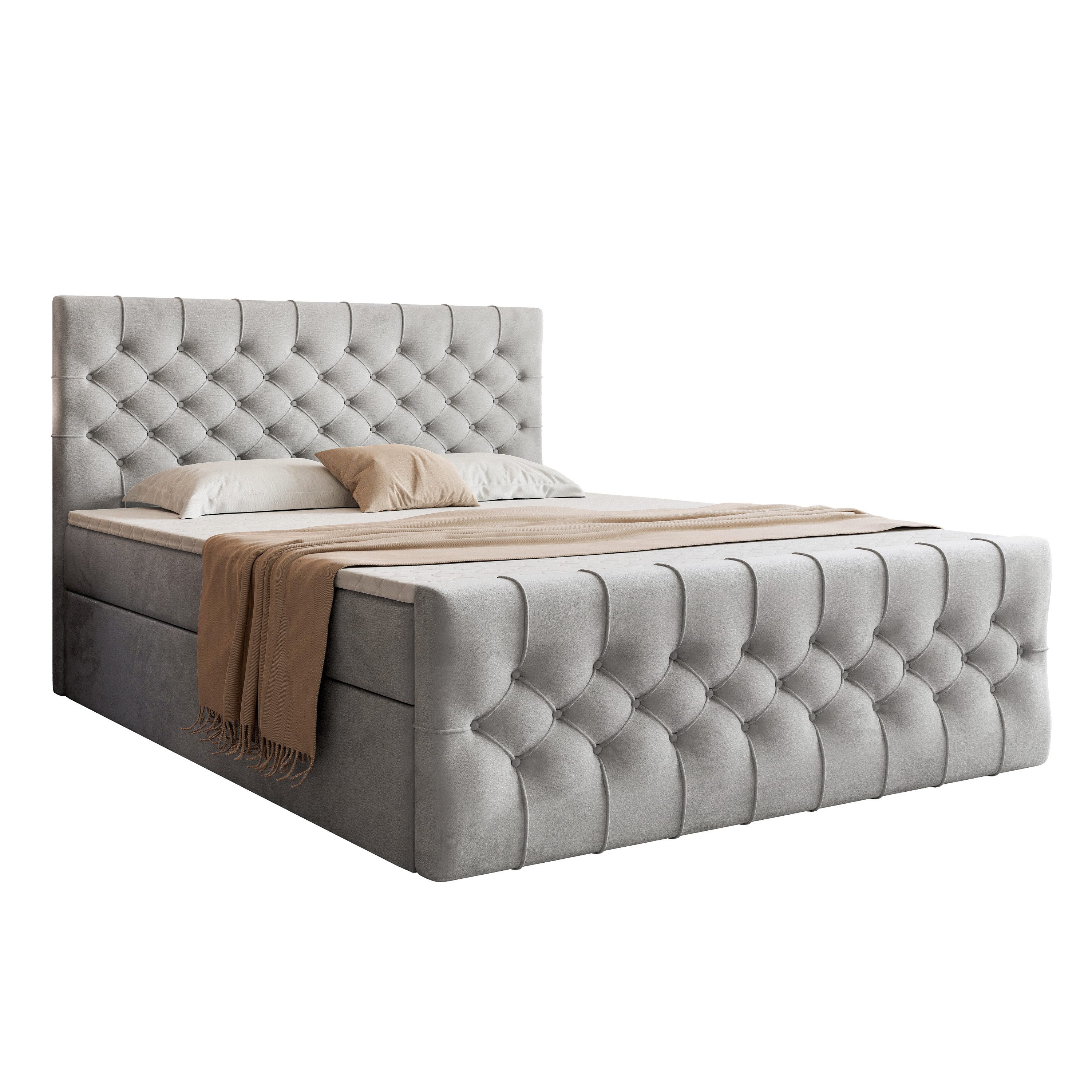 Goldstoff Boxspringbett TAURIEL mit Federkernmatratze & Topper, zwei Bettkästen (von 120 bis 200x200 cm), modernes Doppelbett aus Velvet Stoff mit edlem Kopfteil