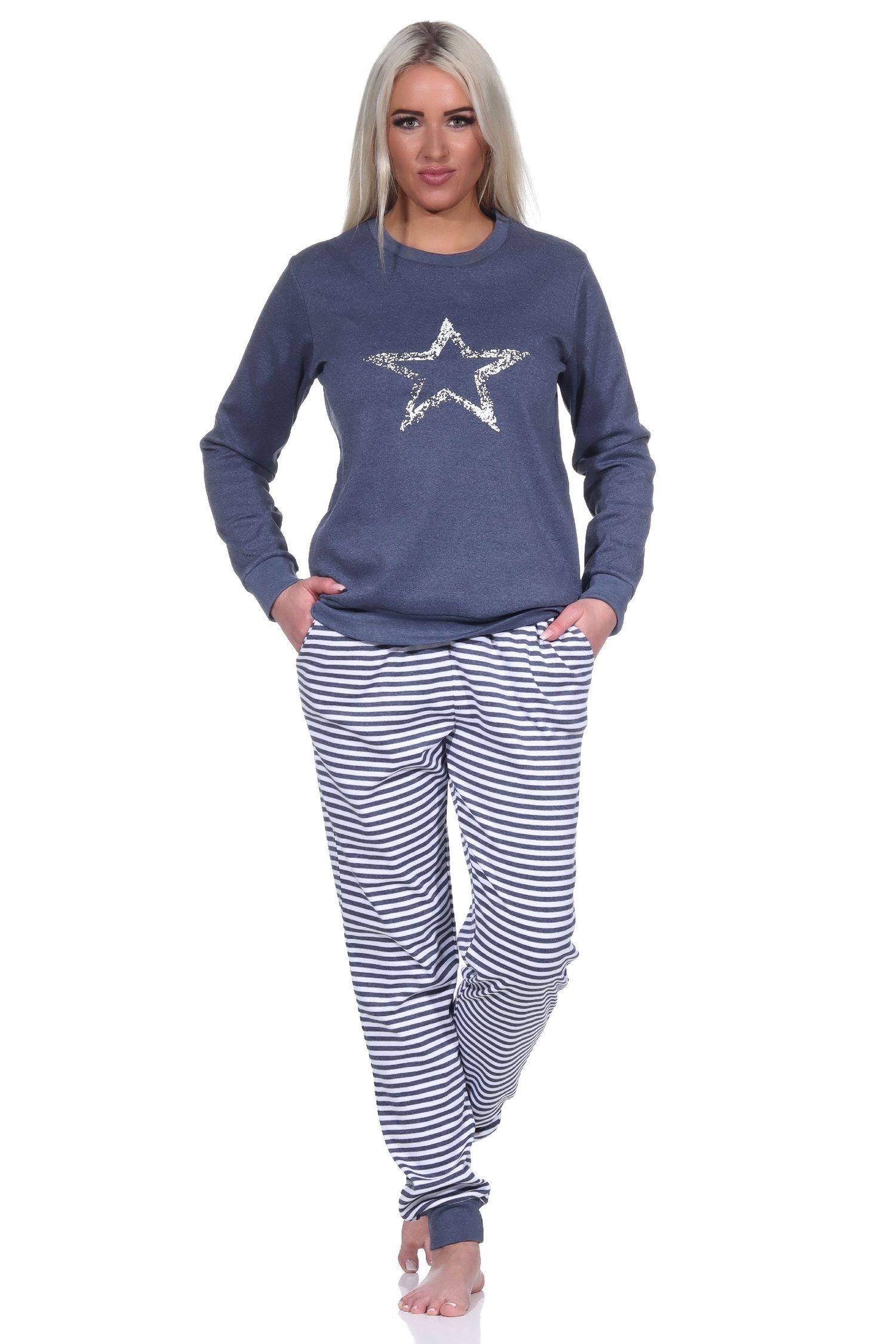 Normann Pyjama Kuscheliger Damen Sternmotiv Hose Bündchen, gestreifter Pyjama blau-melange + mit