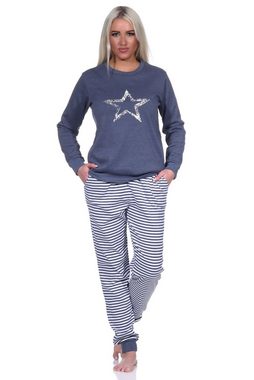 Normann Pyjama Kuscheliger Damen Pyjama mit Bündchen, gestreifter Hose + Sternmotiv
