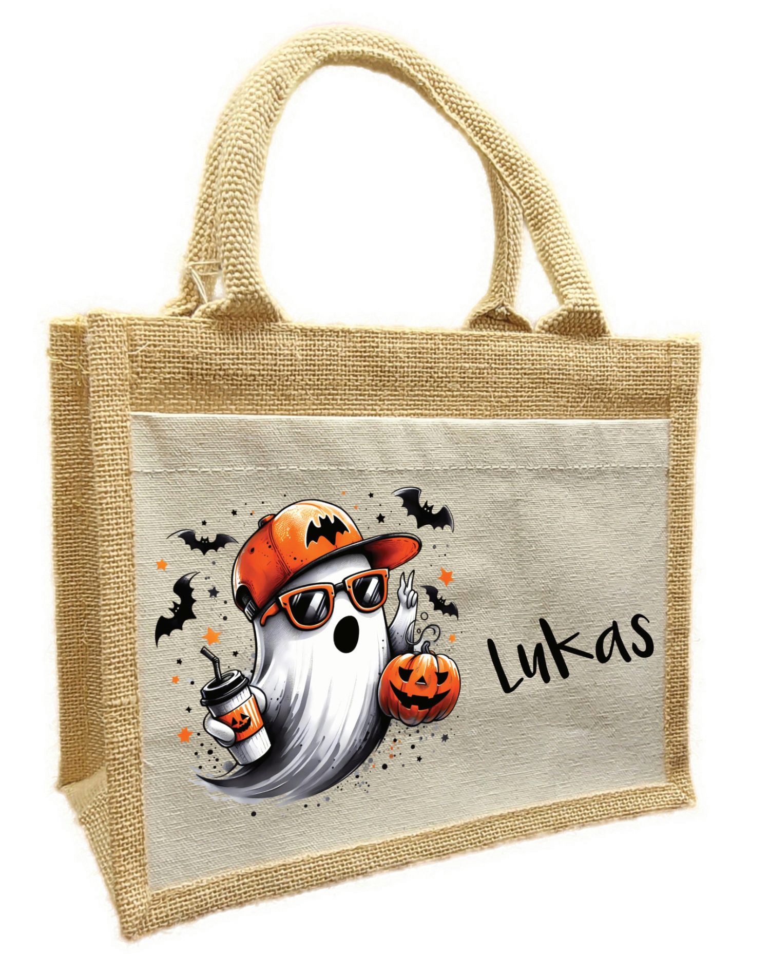 Korbtasche Halloween Tasche Geist cool, Sammeltasche aus Jute, 26 x 35 x 14 cm
