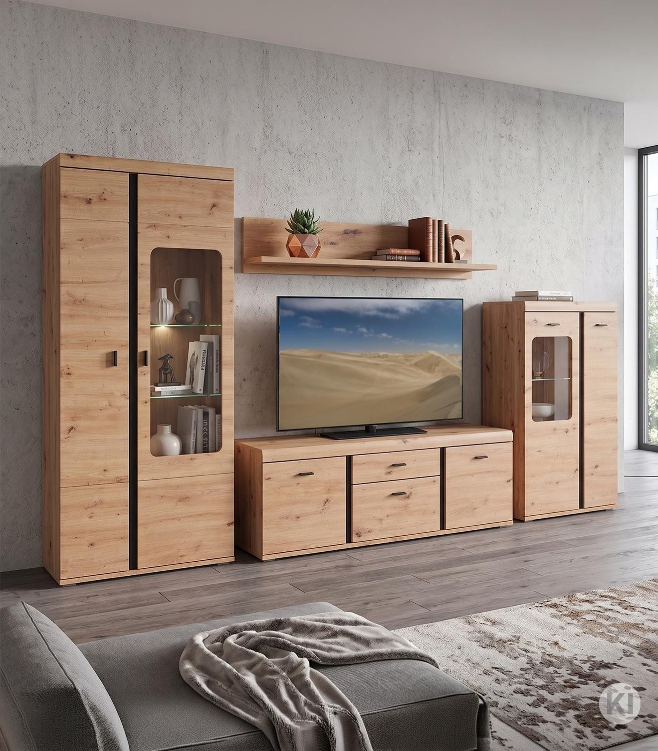 Bega Consult Wohnwand 4-teilig KRETA, Artisan Eiche Dekor, Schwarz, mit LED-Beleuchtung, B 325 x H 200 x T 42 cm