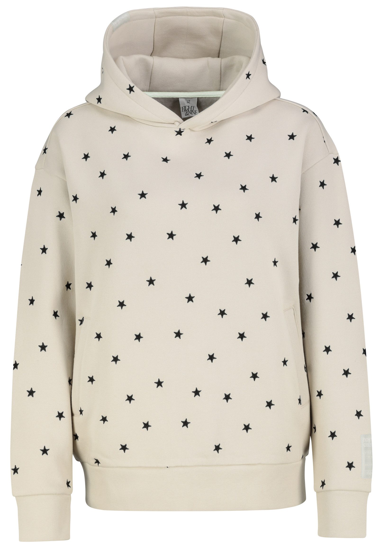 Eight2Nine Hoodie Oversized Allover-Stickerei Rippdetails für Damen (1-tlg) Angerautes Crossfleece, Schräge Seitentaschen, Aufnäher