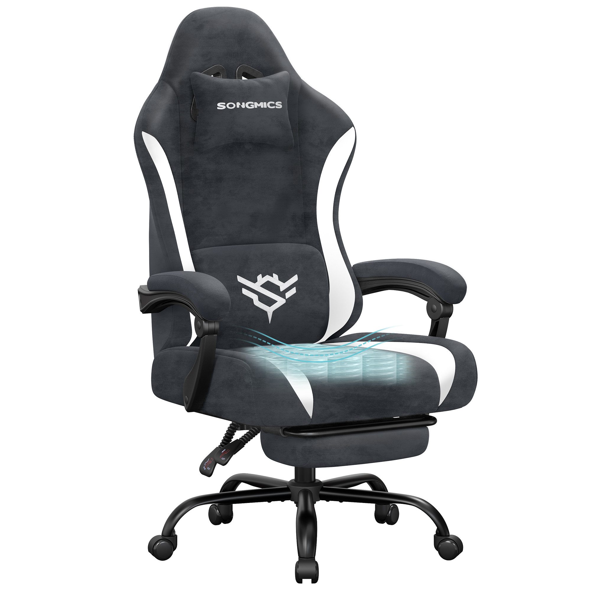 SONGMICS Gaming-Stuhl Schreibtischstuhl, Bürostuhl ergonomisch, Fußstütze, Lendenkissen, 135° Neigung, aus Polyester, 70 x 70 x 120-130 cm