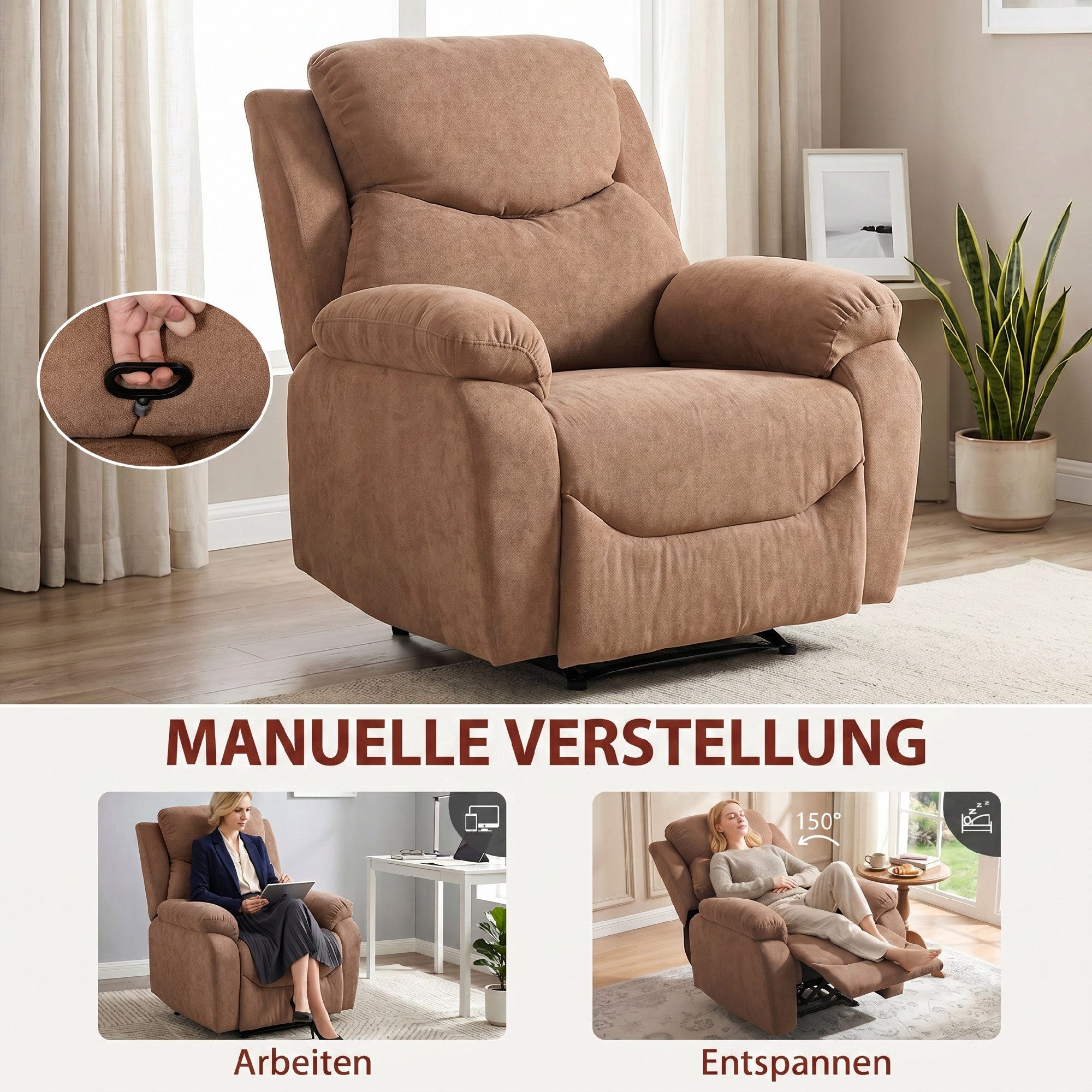HOMCOM Relaxsessel Fernsehsessel TV Sessel mit Liegefunktion (Ruhesessel, 1-St., Liegesessel), Kompakt, 150° Liegefunktion, Taschenfederkern – Bild 4 von 5
