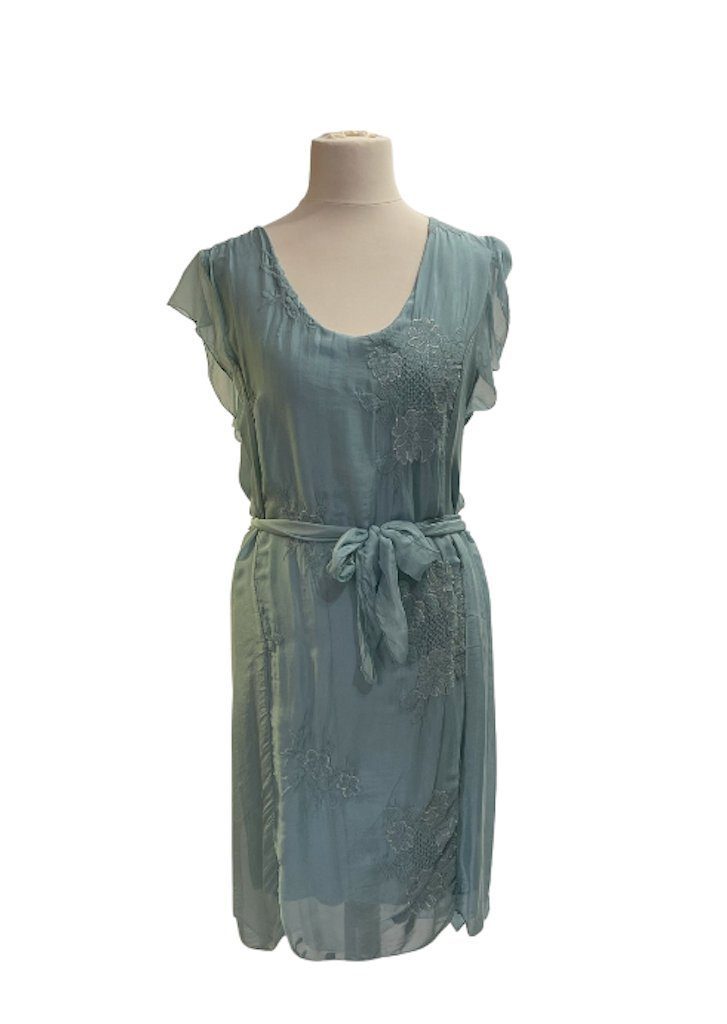 BZNA Sommerkleid Seidenkleid Sommer Herbst Kleid Blau Aqua mit Muster