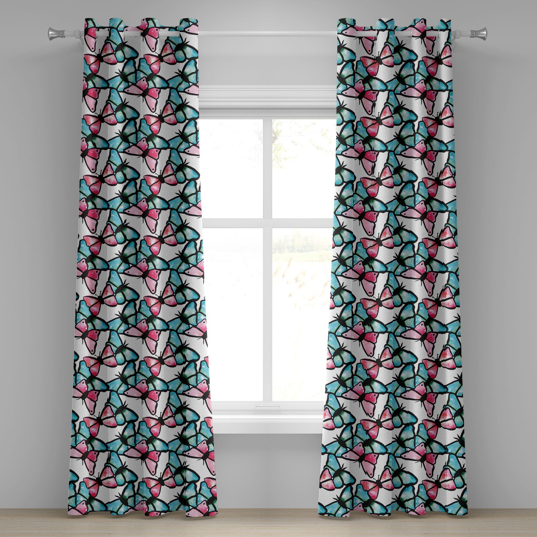 Gardine Dekorative 2-Panel-Fenstervorhänge für Schlafzimmer Wohnzimmer, Abakuhaus, Teal Blau und Rosa Tier