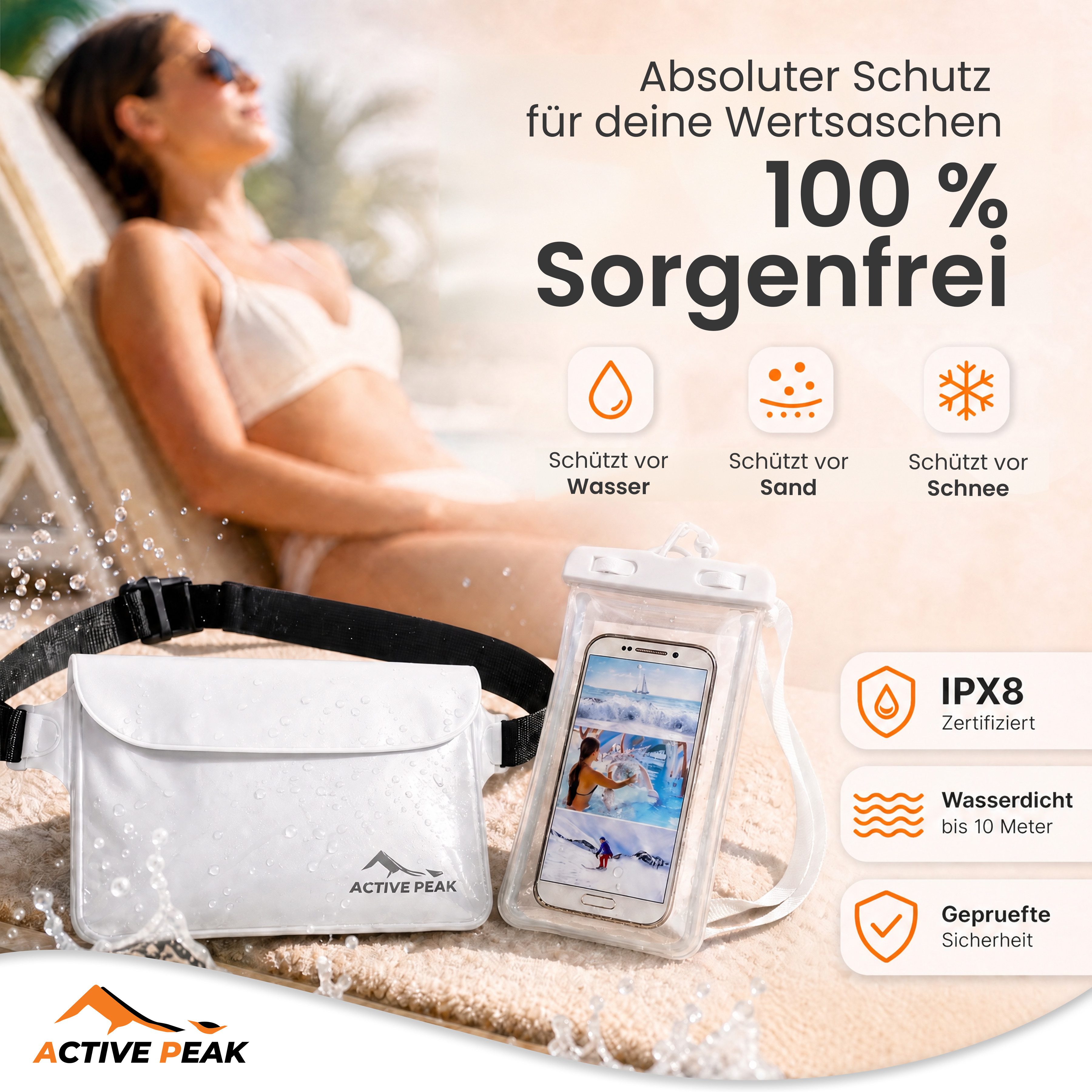 Active Peak Drybag Wasserdichte Tasche, Bauchtasche & Wasserdichte Handyhülle (2-tlg), Waterproof Bag für Kajak, Strand, Urlaub uvm.