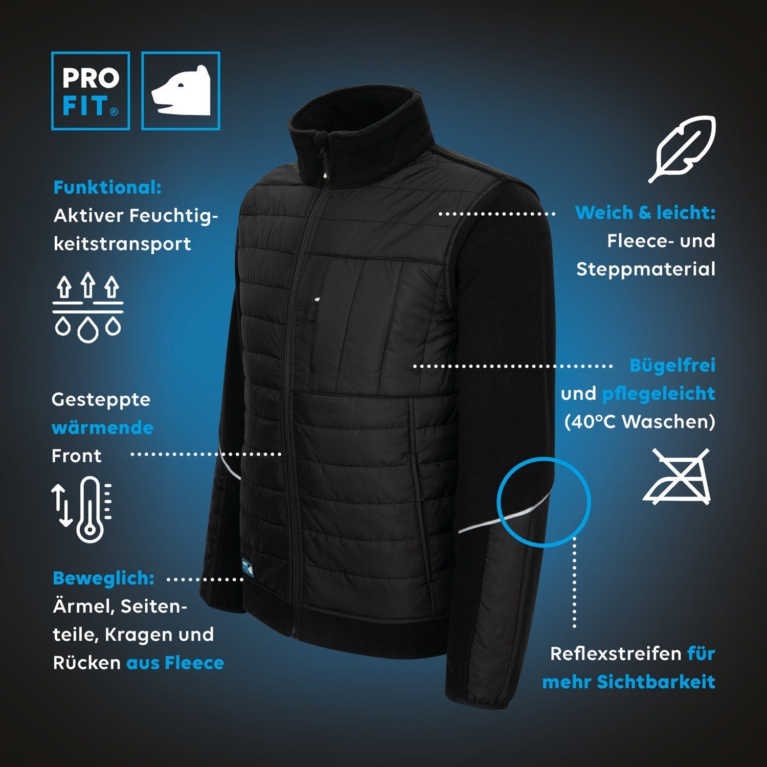 PRO FIT Arbeitsjacke aus Fleece, Funktionale Hybrid Fleecejacke, Unisex, Schwarz (1, Stück) Wärmende Steppfront, Aktiver Feuchtigkeitstransport